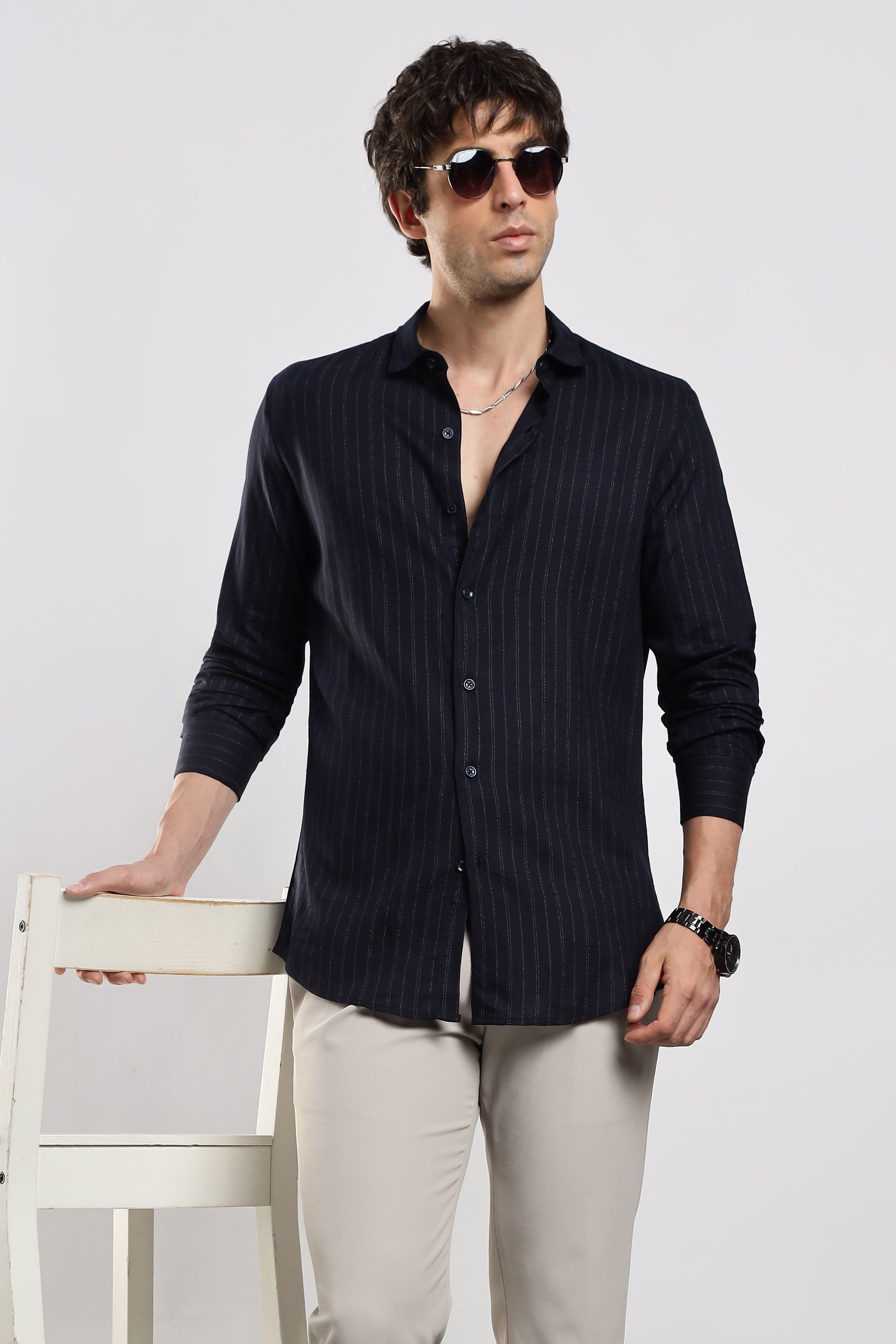 Men Navy Cotton Slim Fit Striped Glitter Shirt