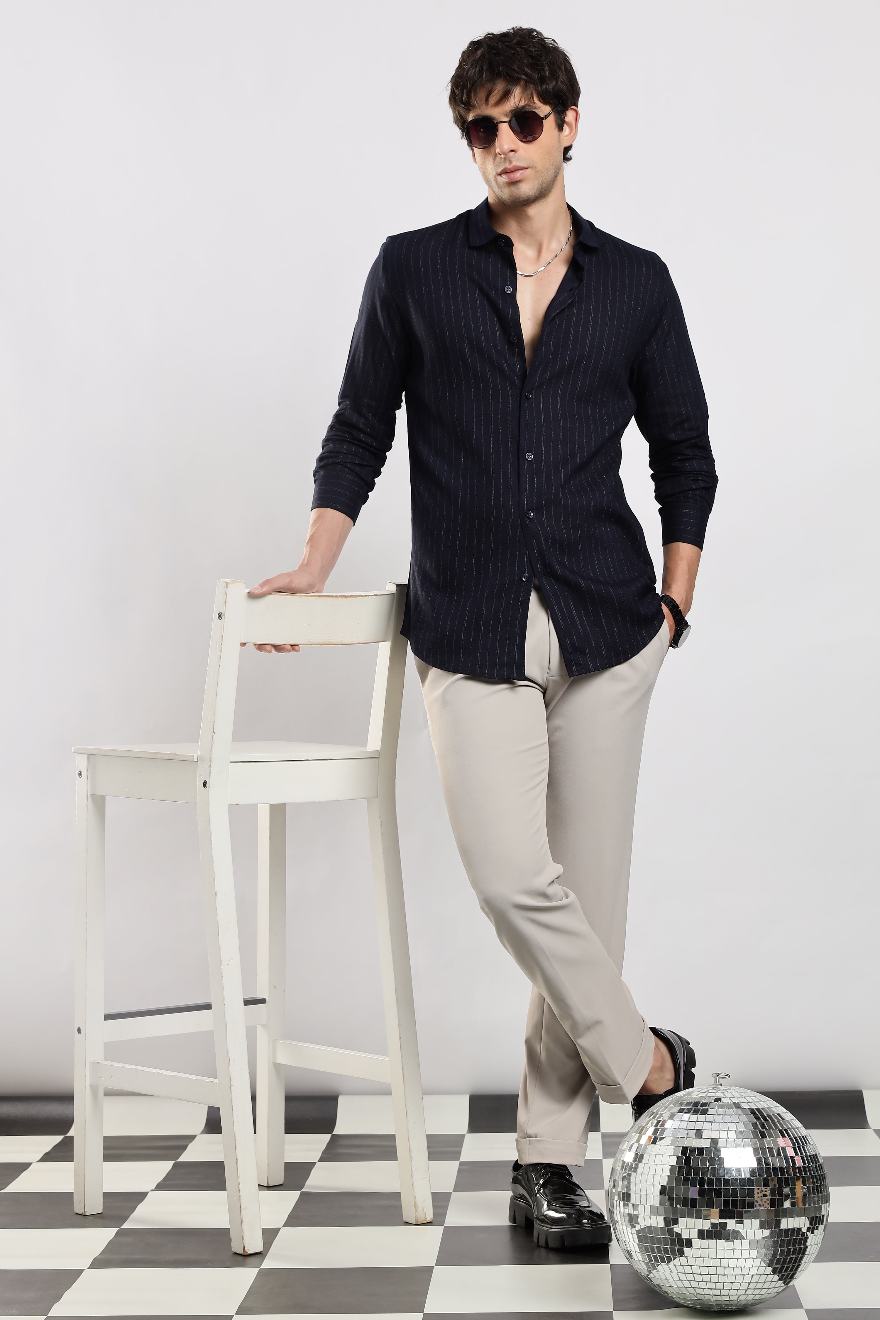 Men Navy Cotton Slim Fit Striped Glitter Shirt