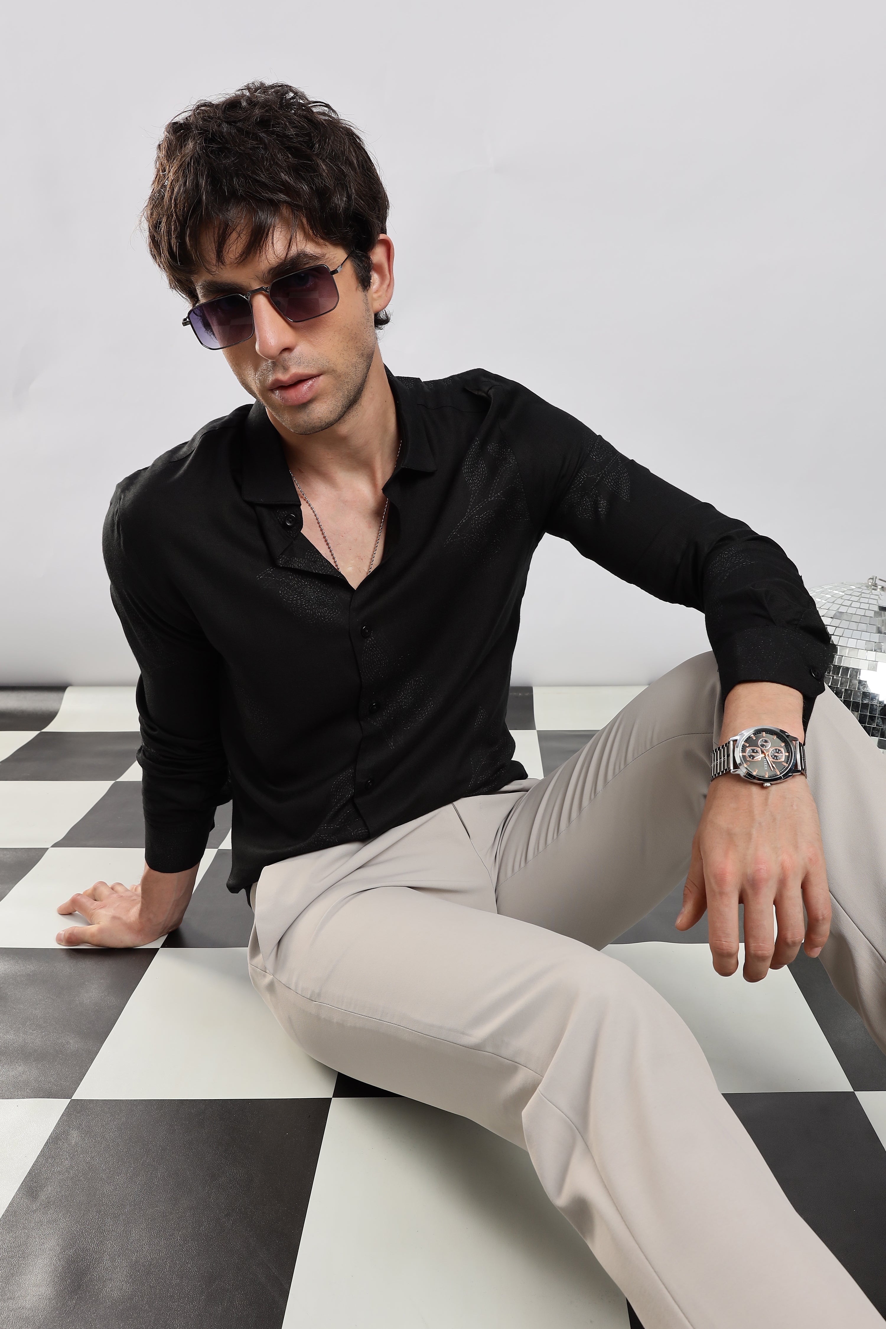 Men Black Glitter print festive wear