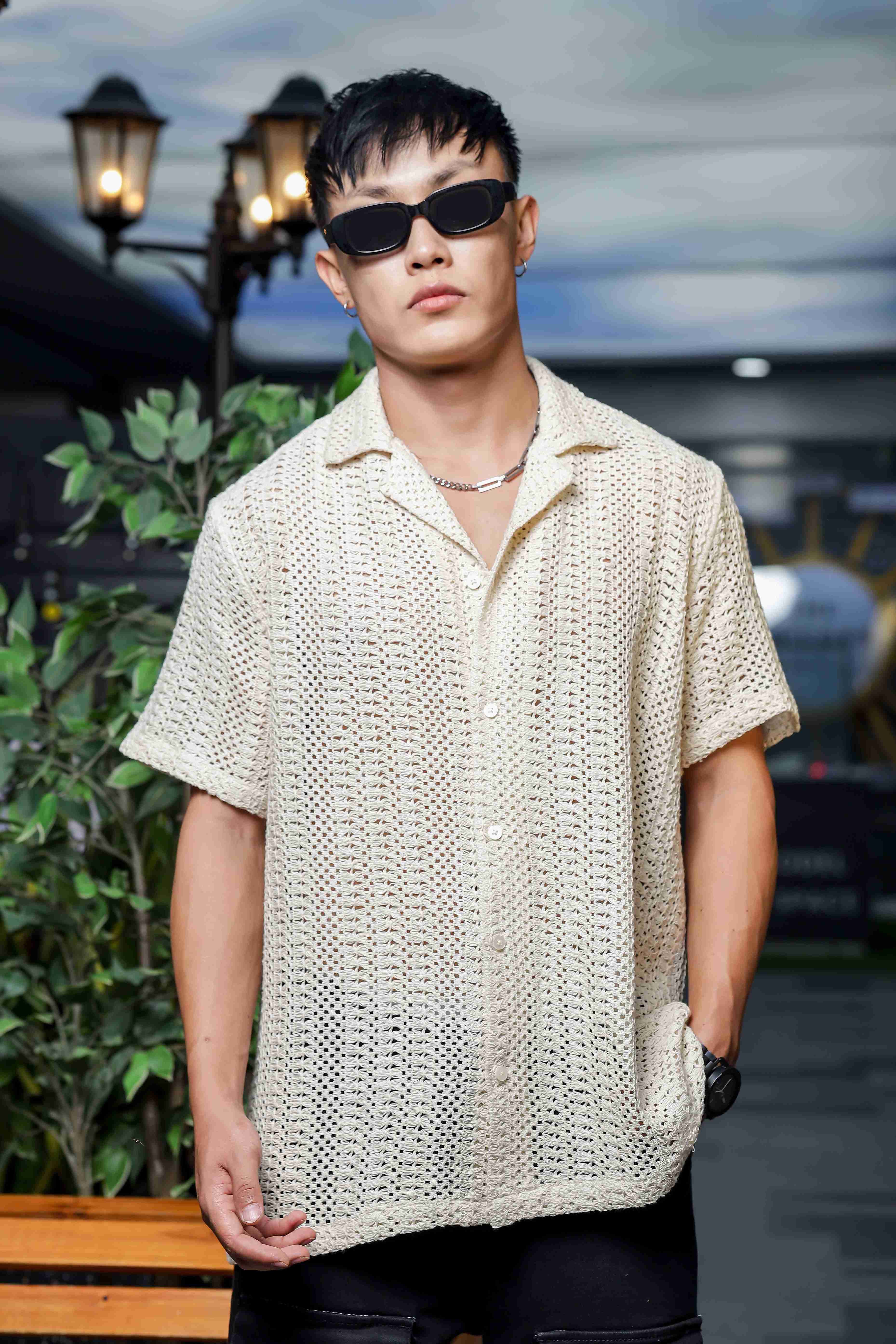 Men Off White Crochet Shirt