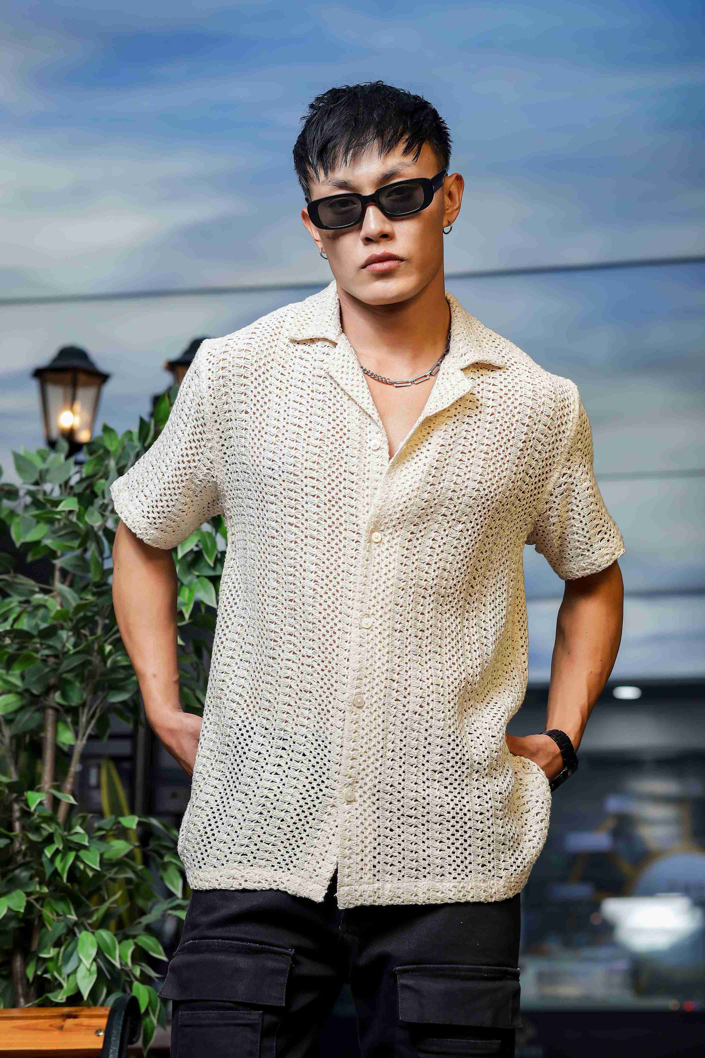 Men Off White Crochet Shirt