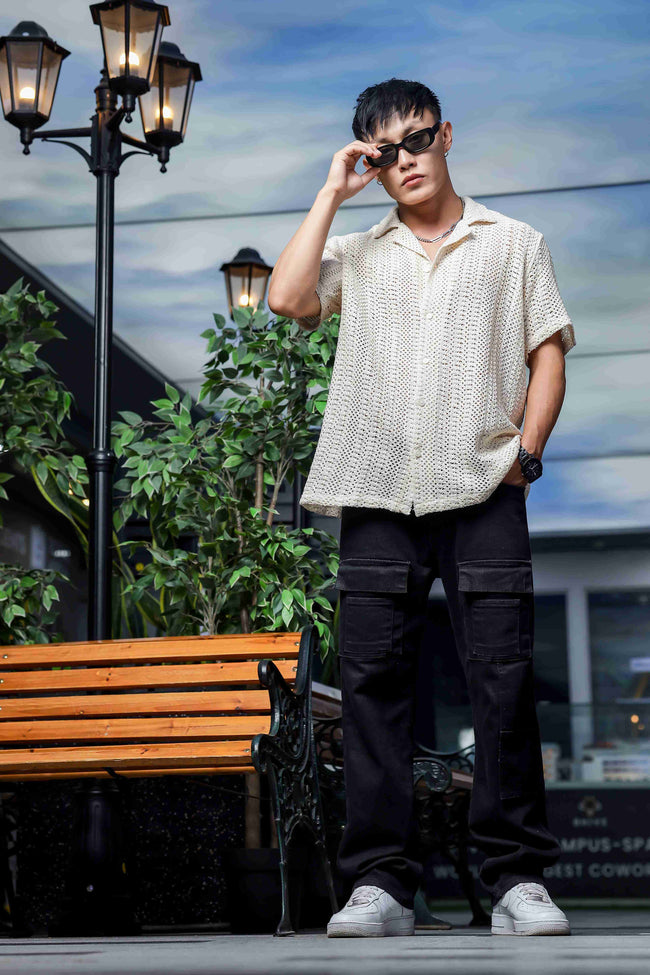 Men Off White Crochet Shirt