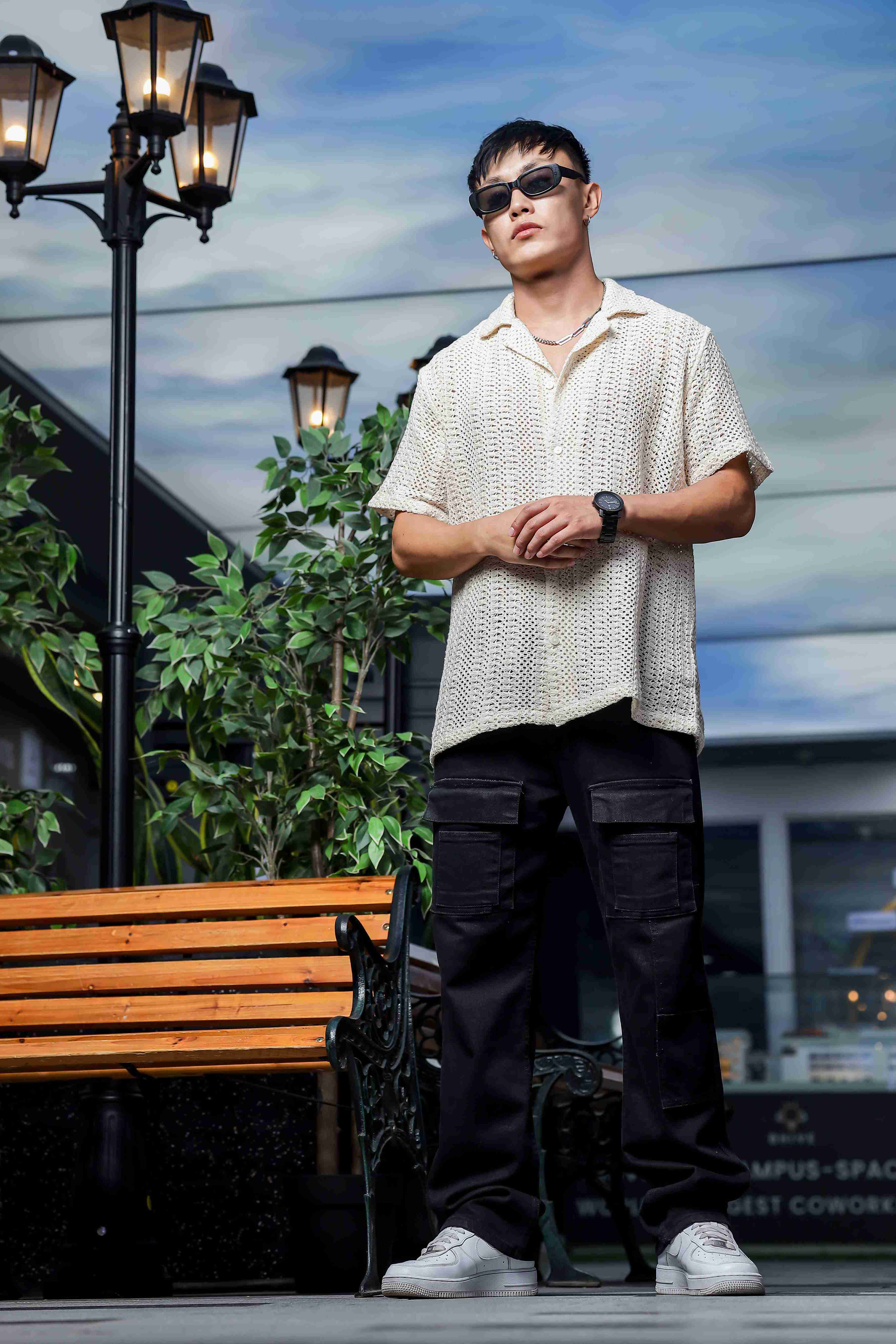 Men Off White Crochet Shirt