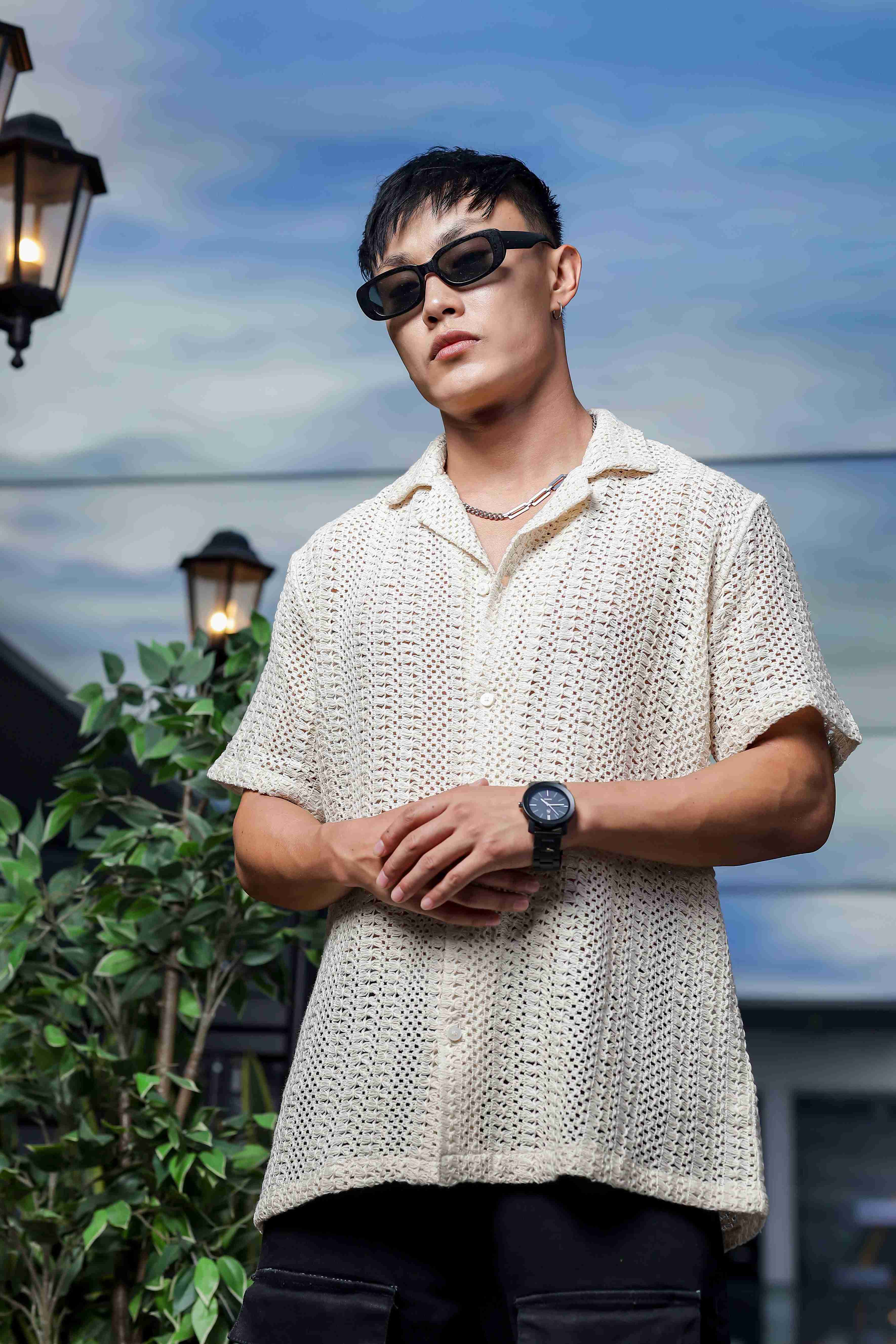 Men Off White Crochet Shirt