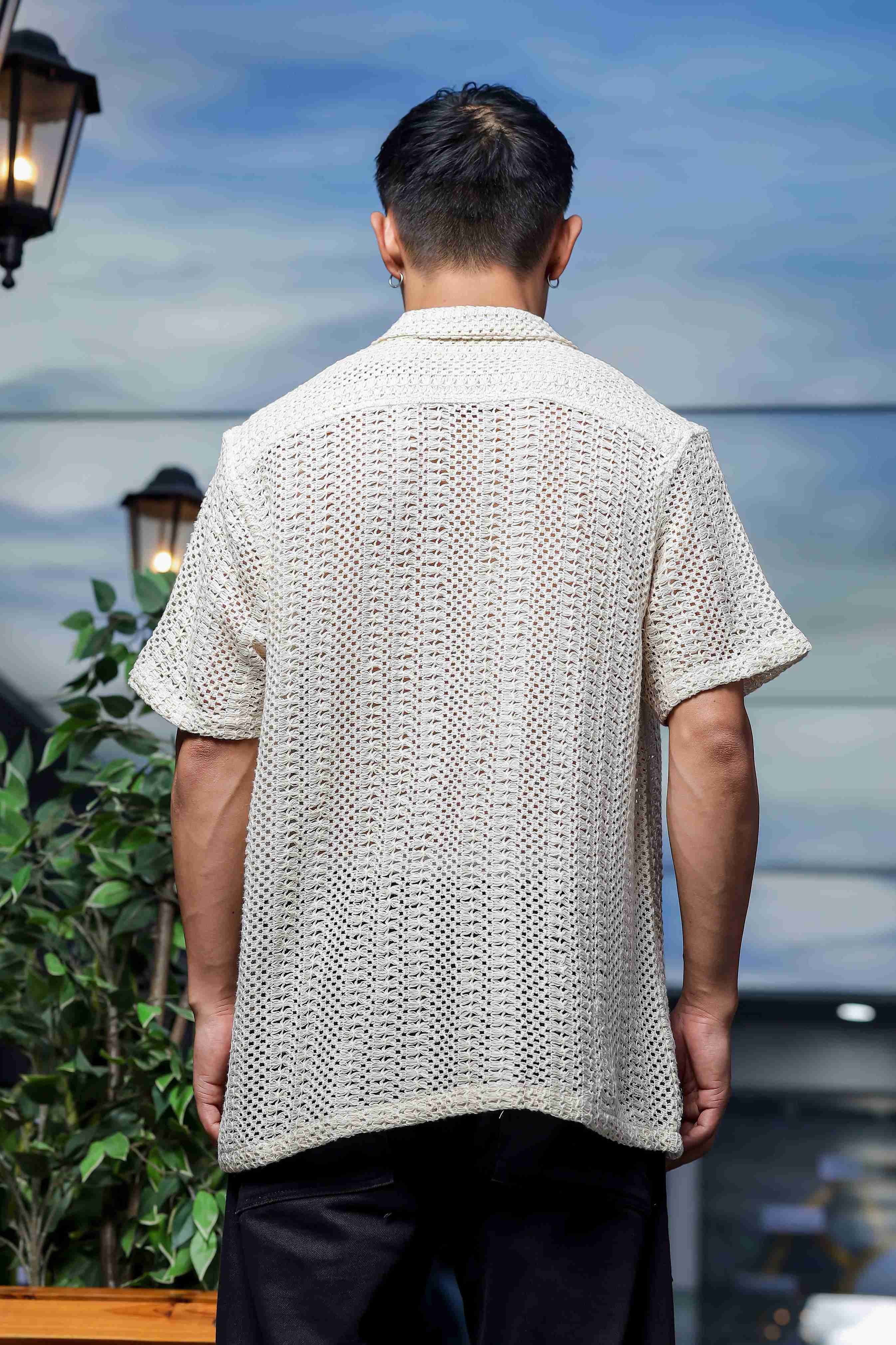 Men Off White Crochet Shirt