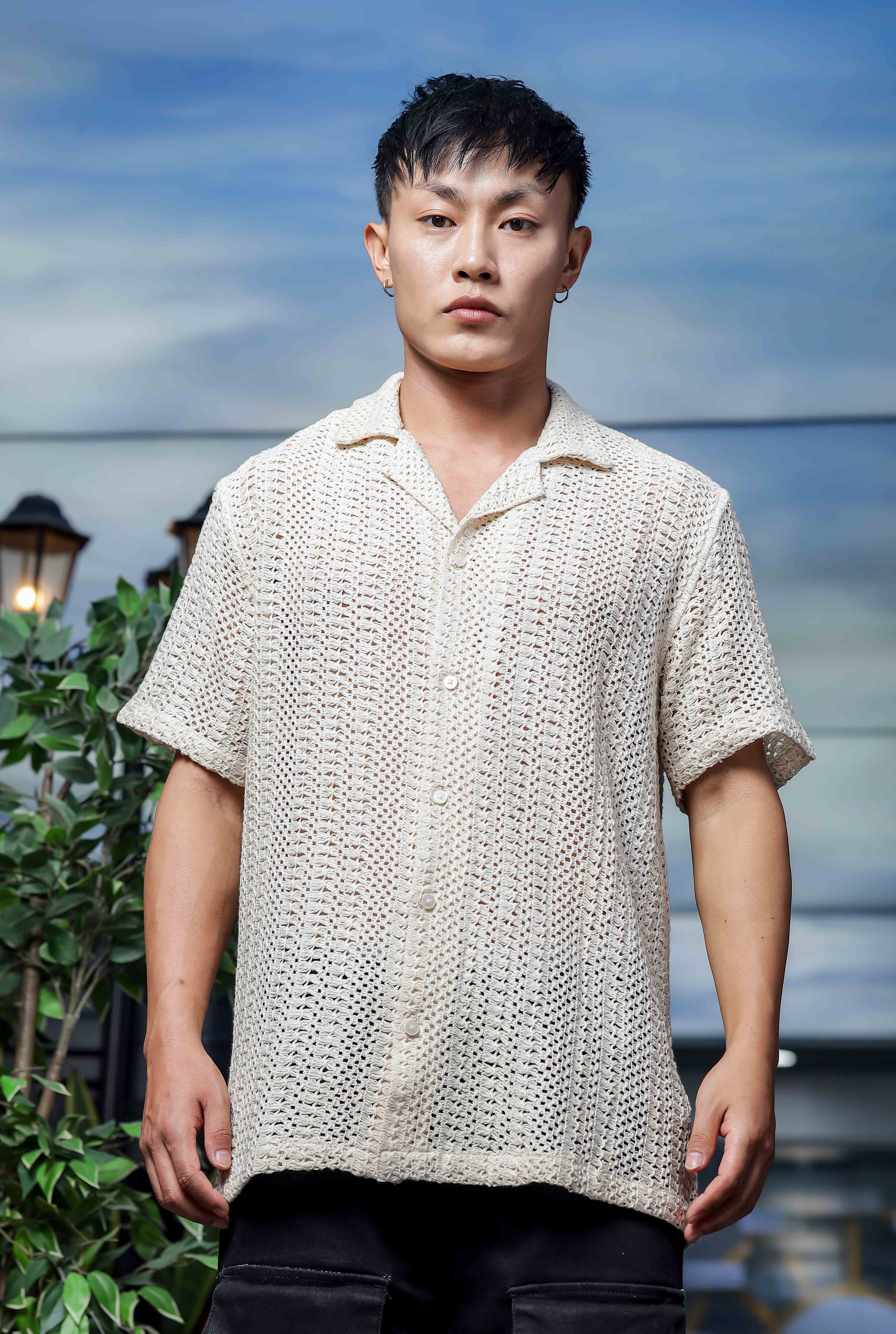 Men Off White Crochet Shirt