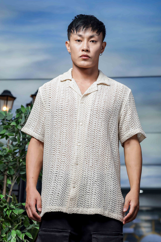 Men Off White Crochet Shirt
