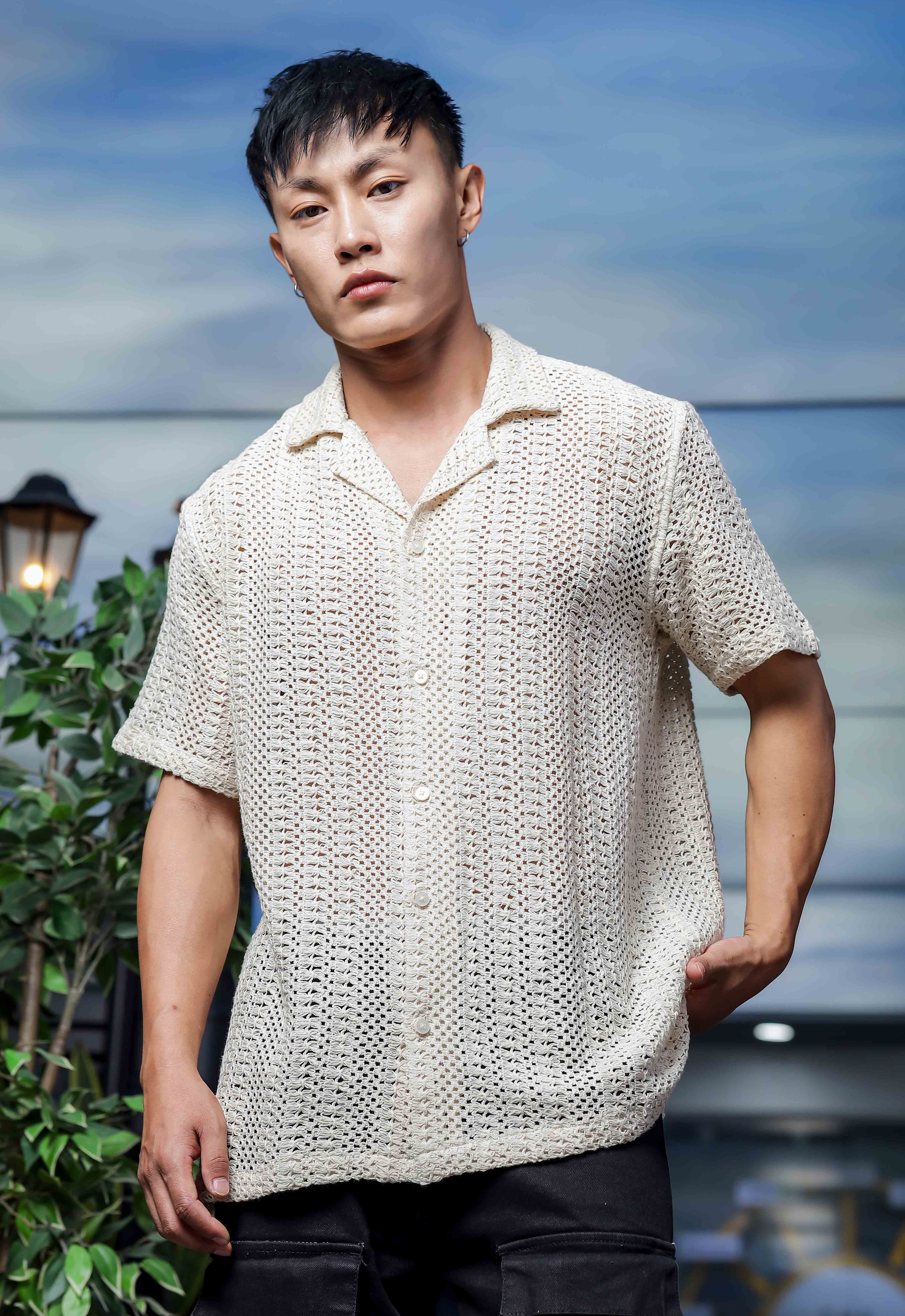 Men Off White Crochet Shirt