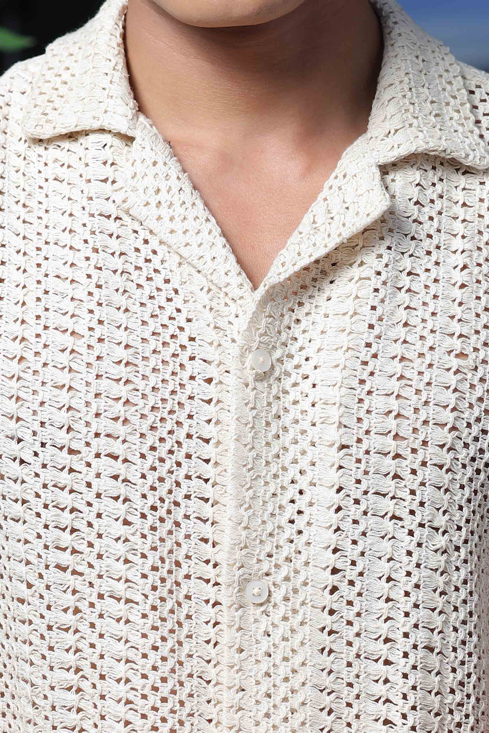 Men Off White Crochet Shirt