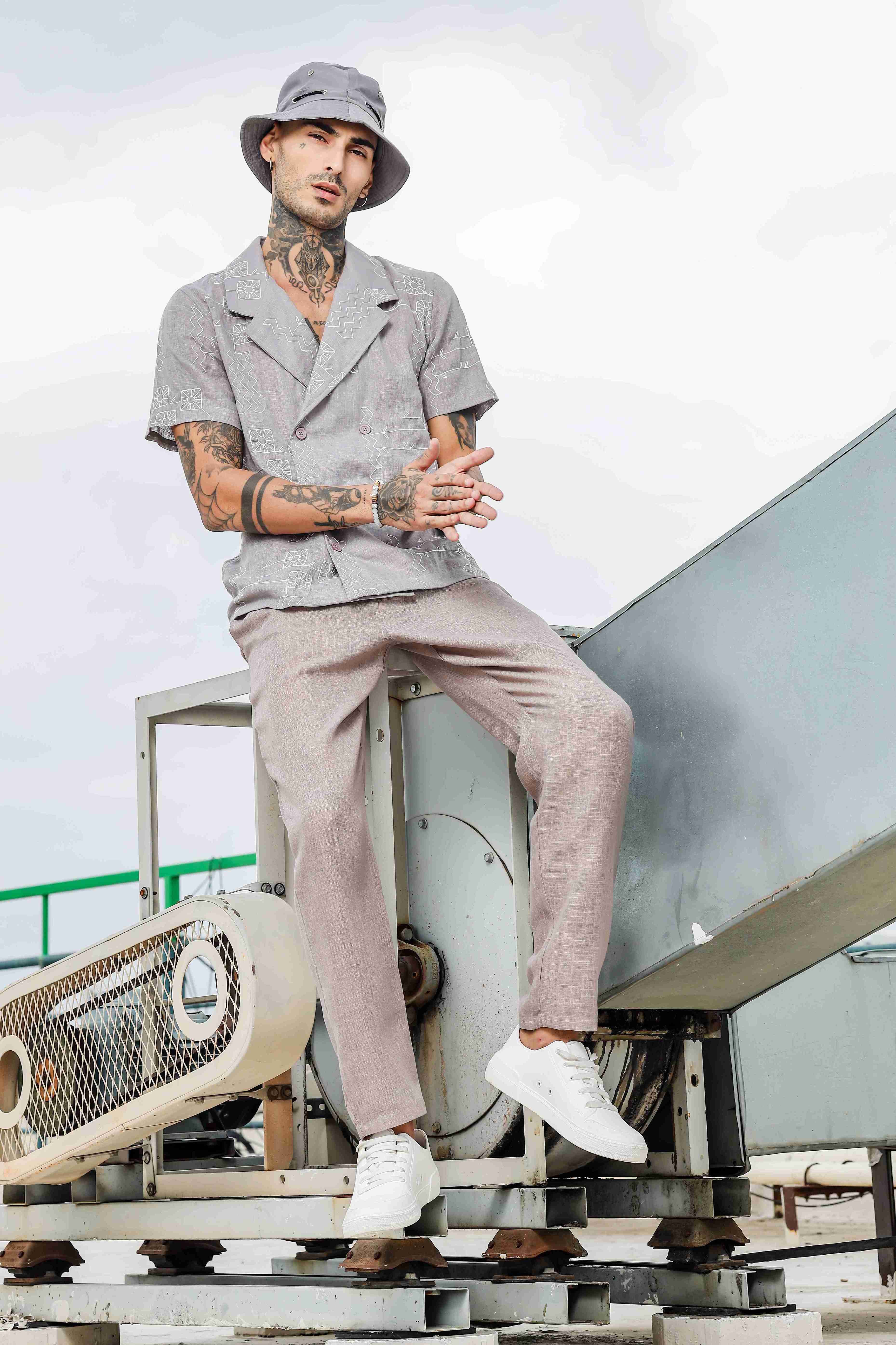 Men Grey Embroidered Pants