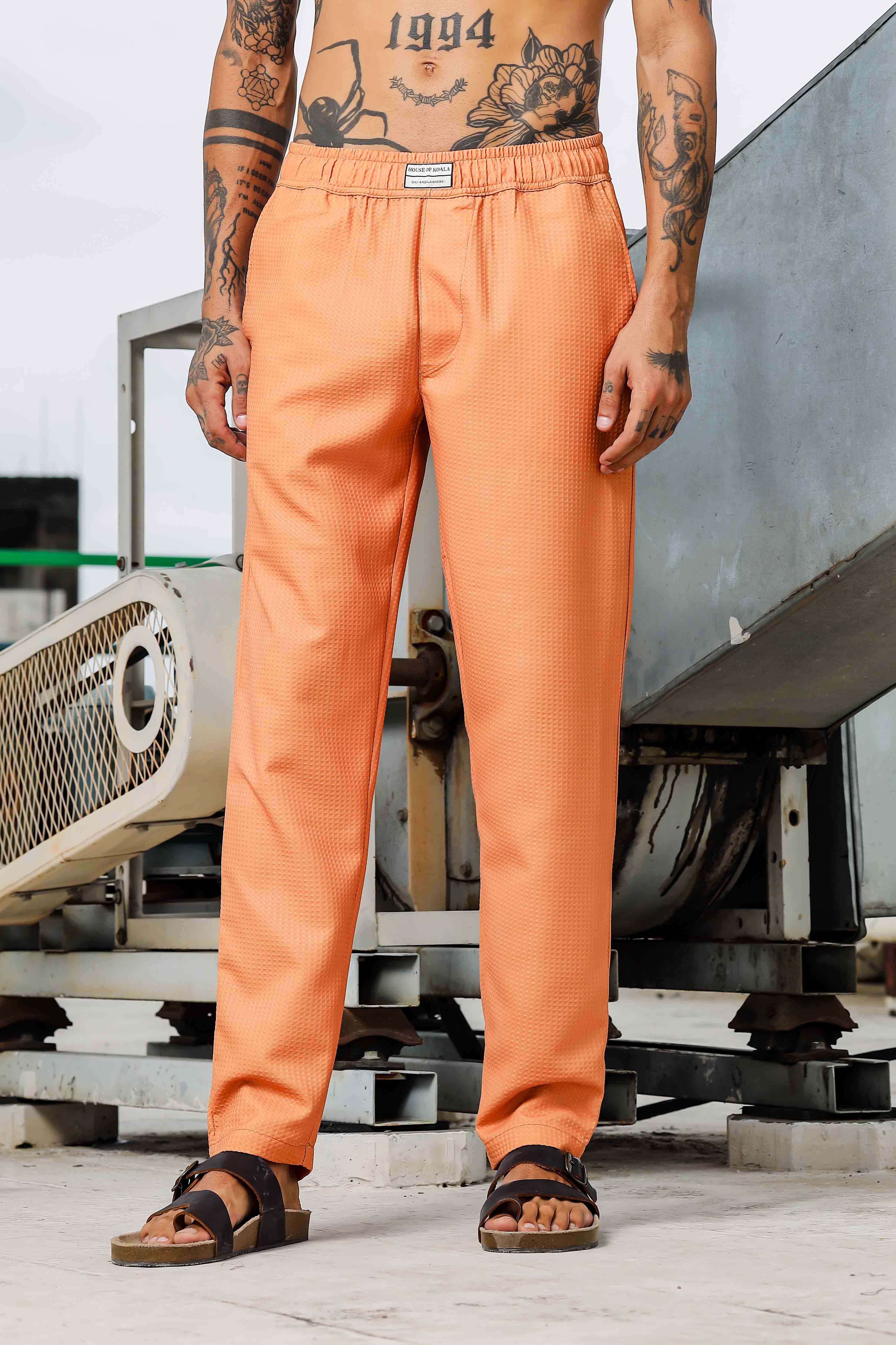 Men Orange Textured Pants