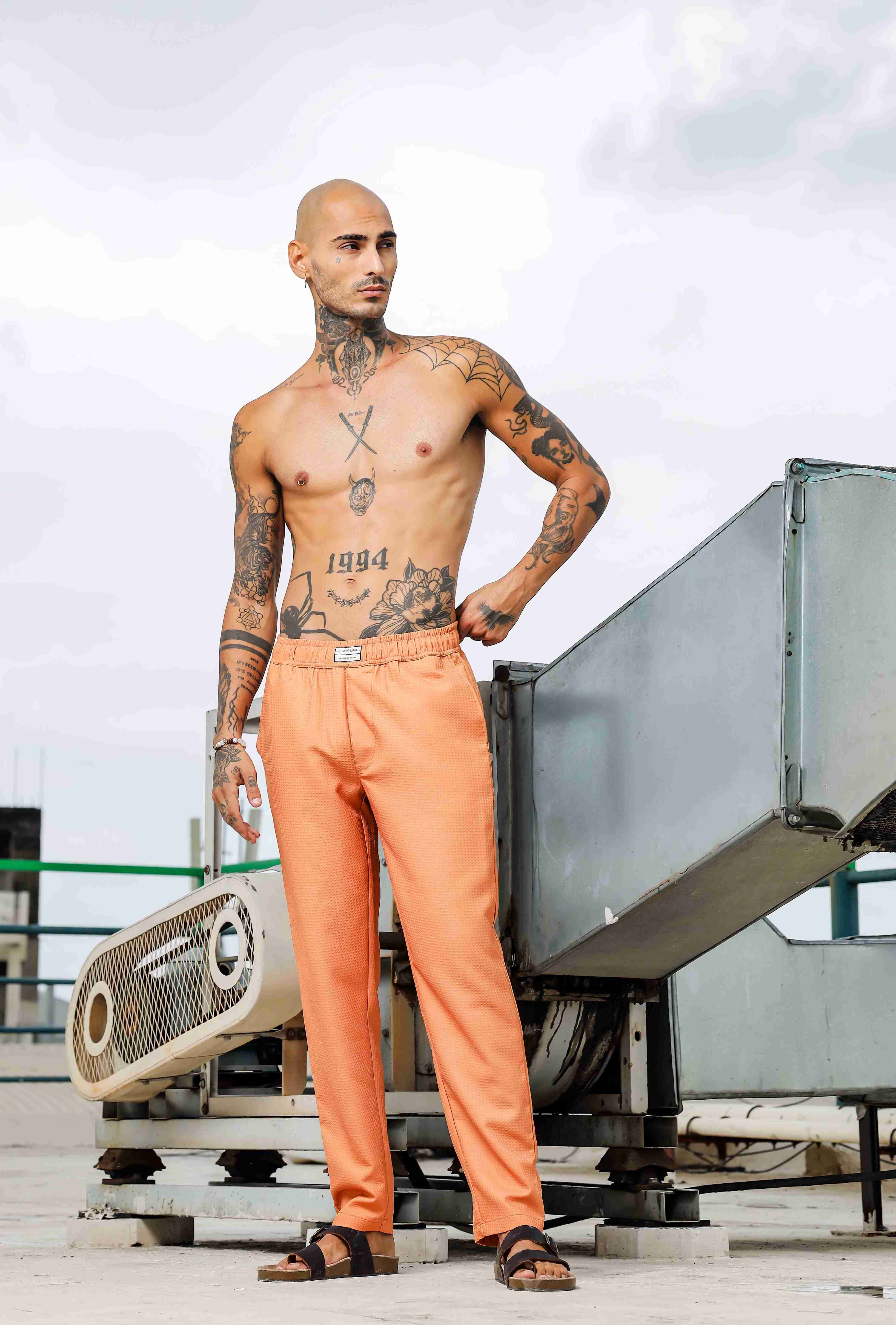 Men Orange Textured Pants