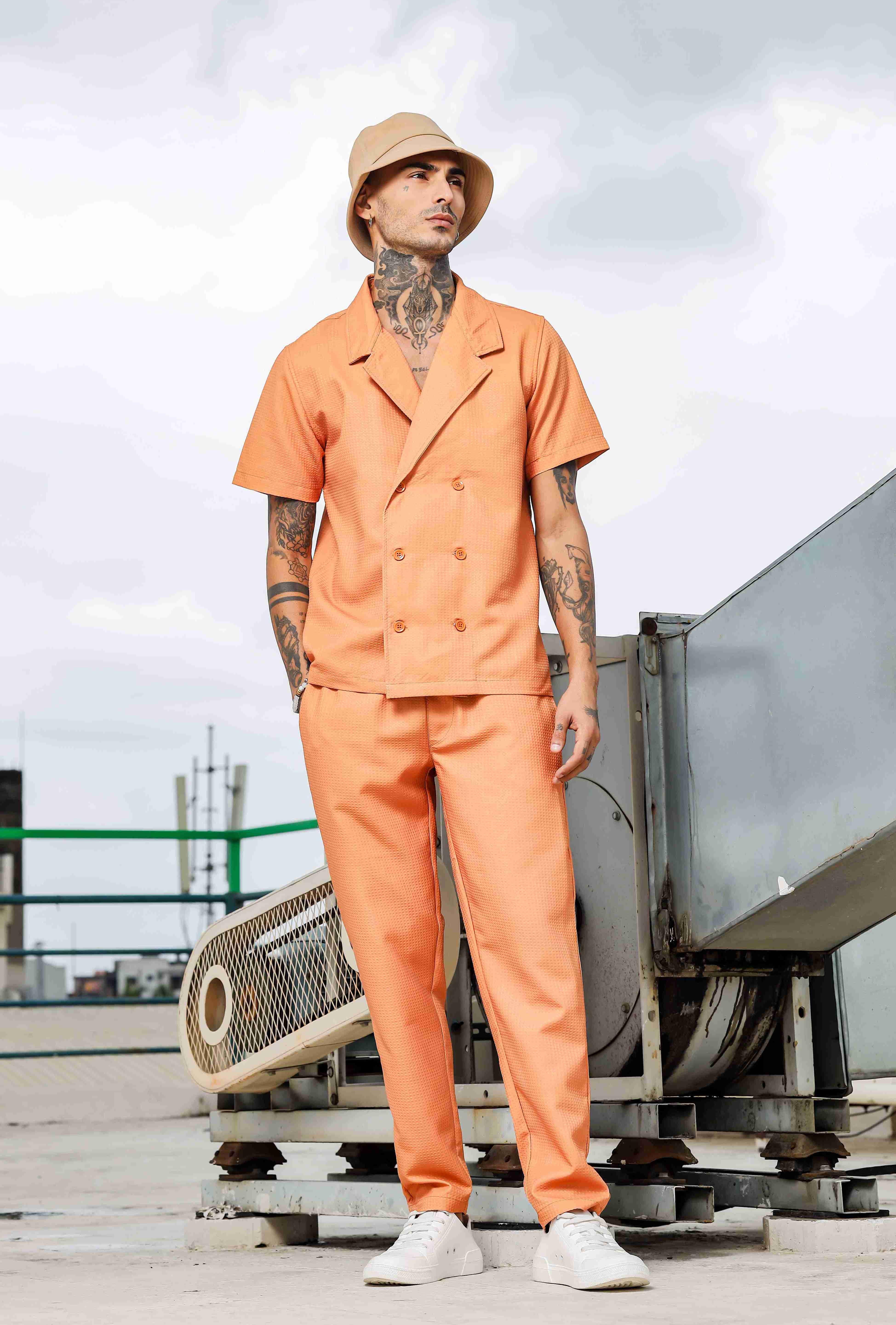 Men Orange Textured Pants