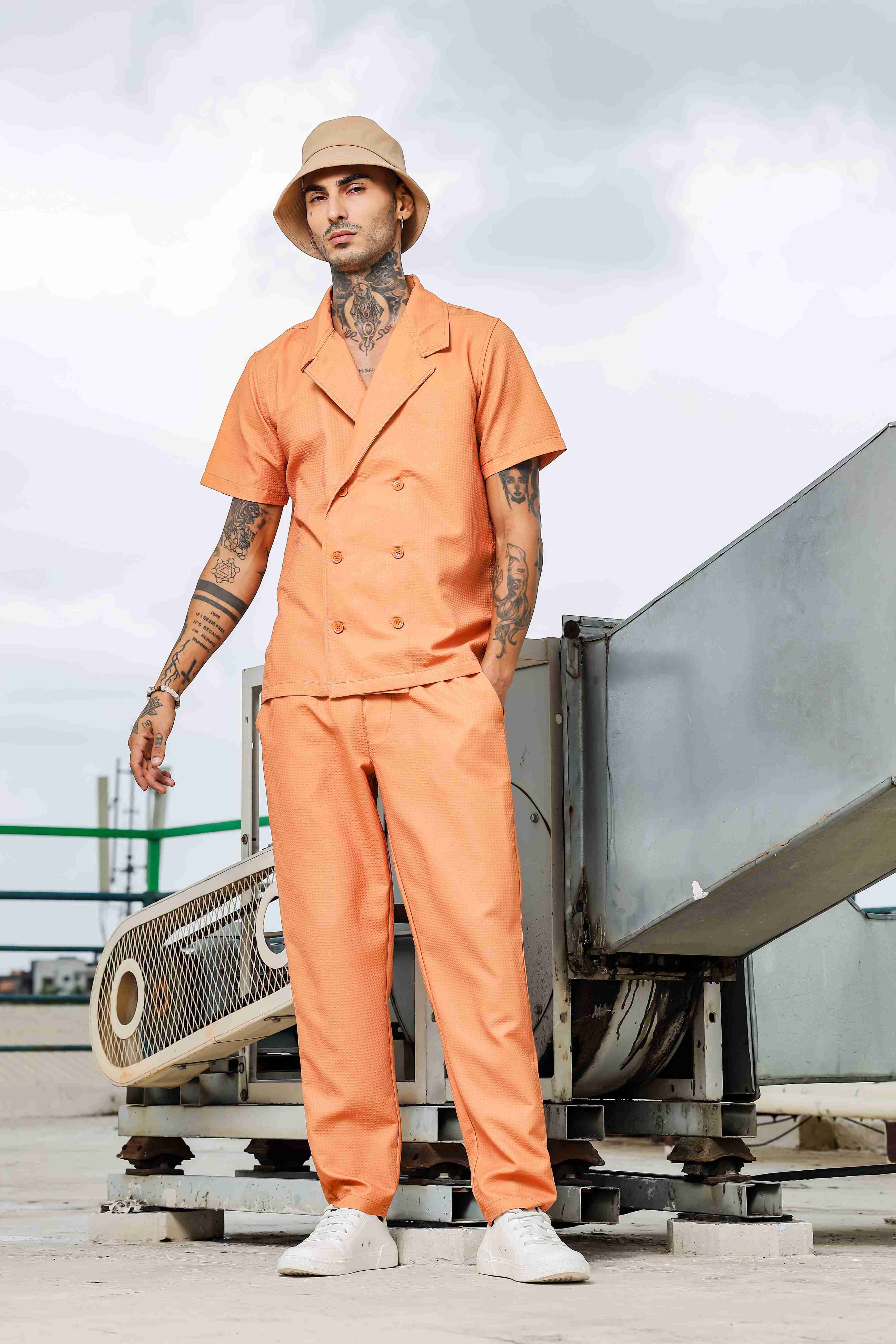 Men Orange Textured Pants