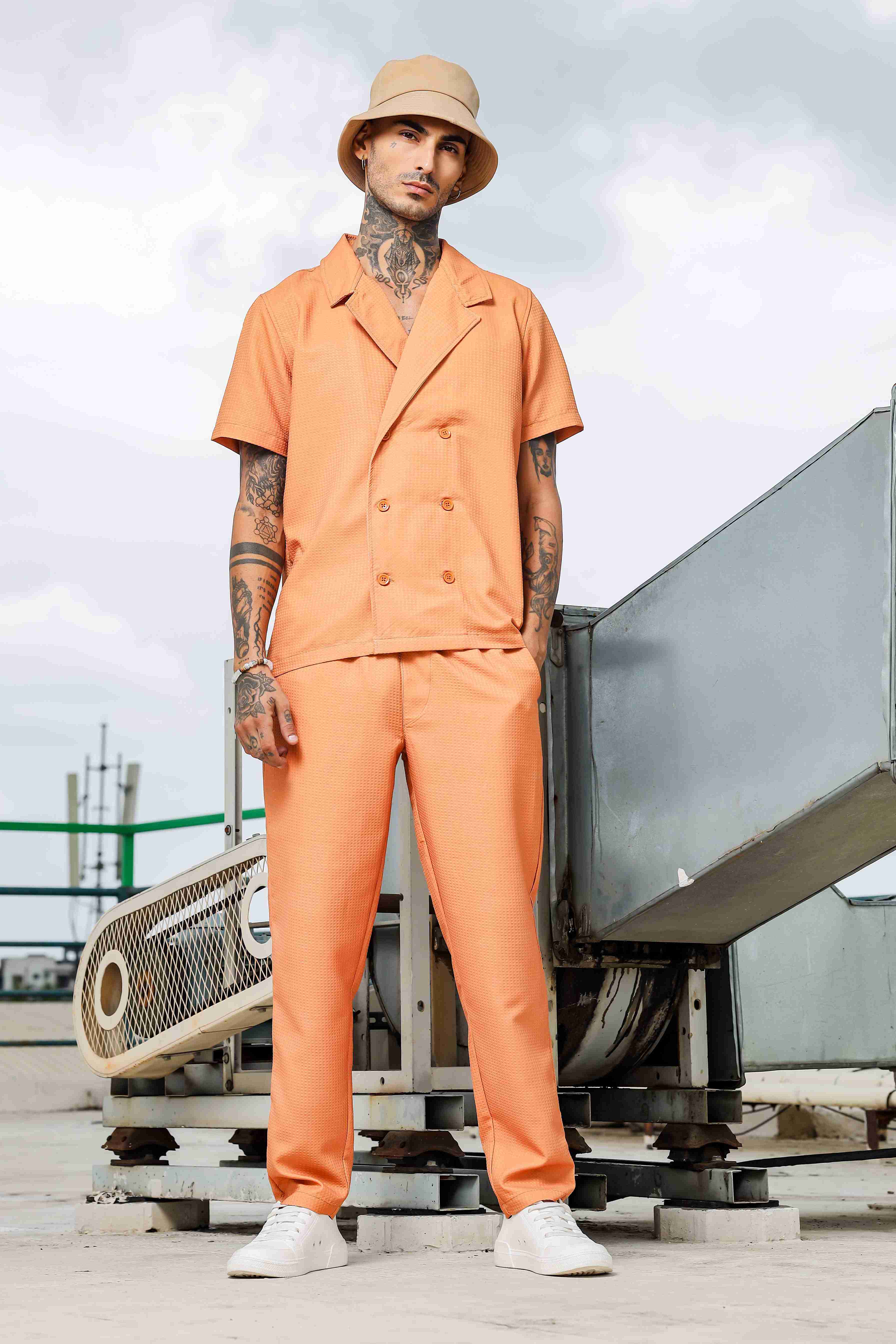 Men Orange Textured Pants