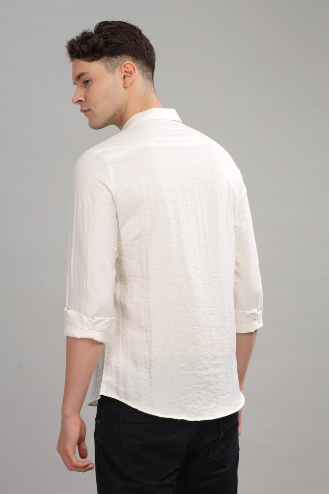 Men White Slim Fit Stand Collar Full Sleeve Casual Shirt