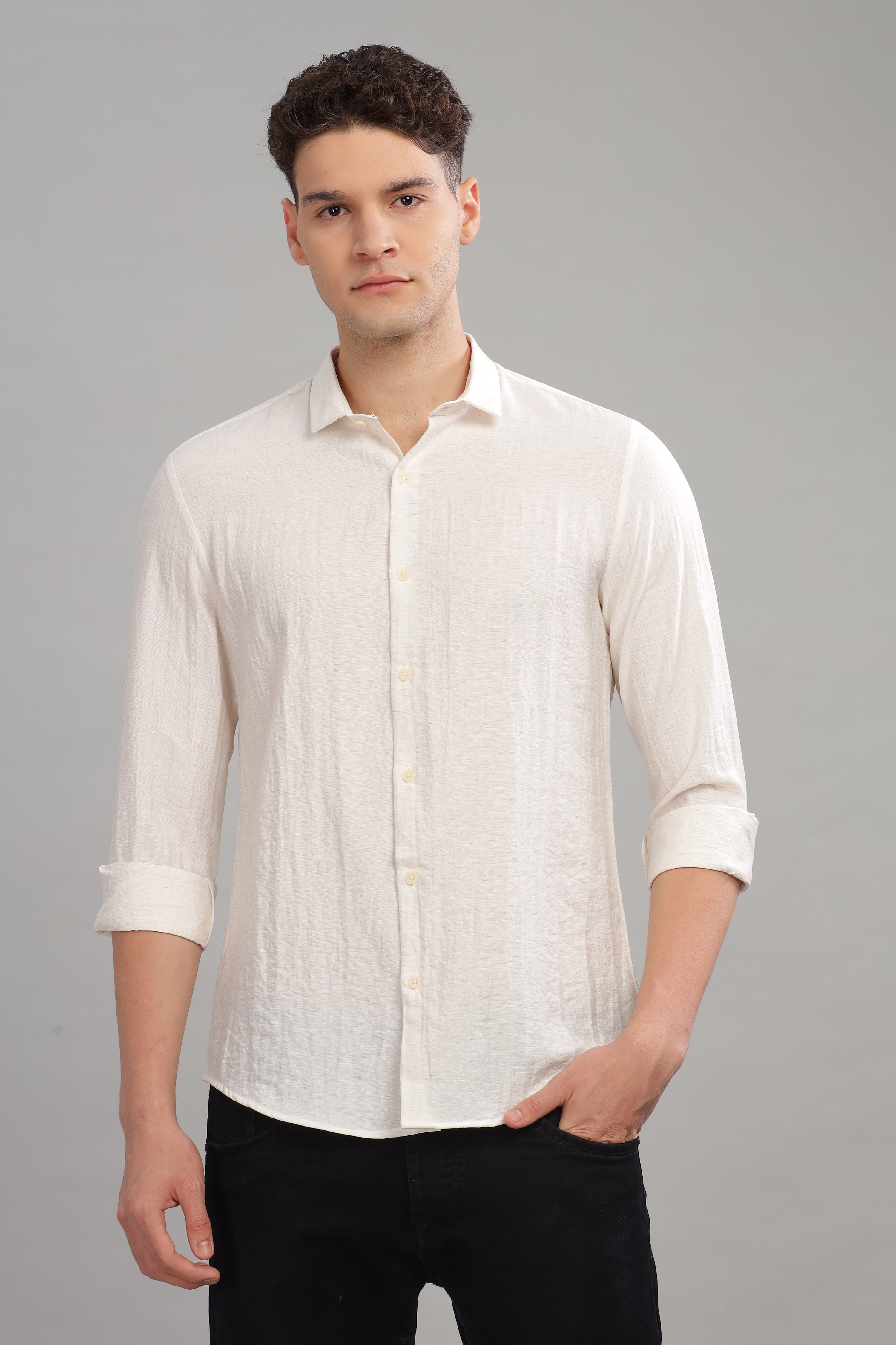 Men White Slim Fit Stand Collar Full Sleeve Casual Shirt
