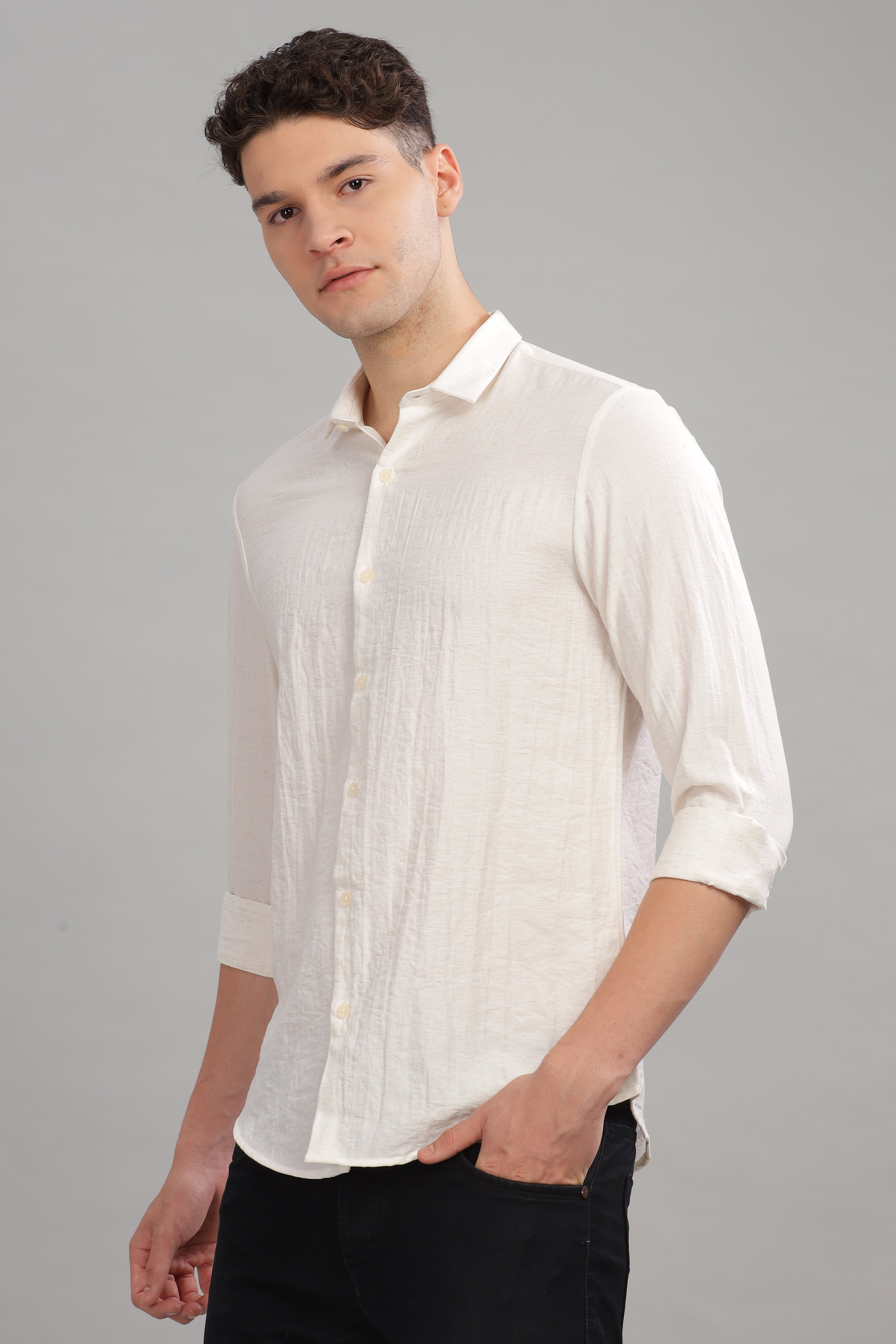 Men White Slim Fit Stand Collar Full Sleeve Casual Shirt