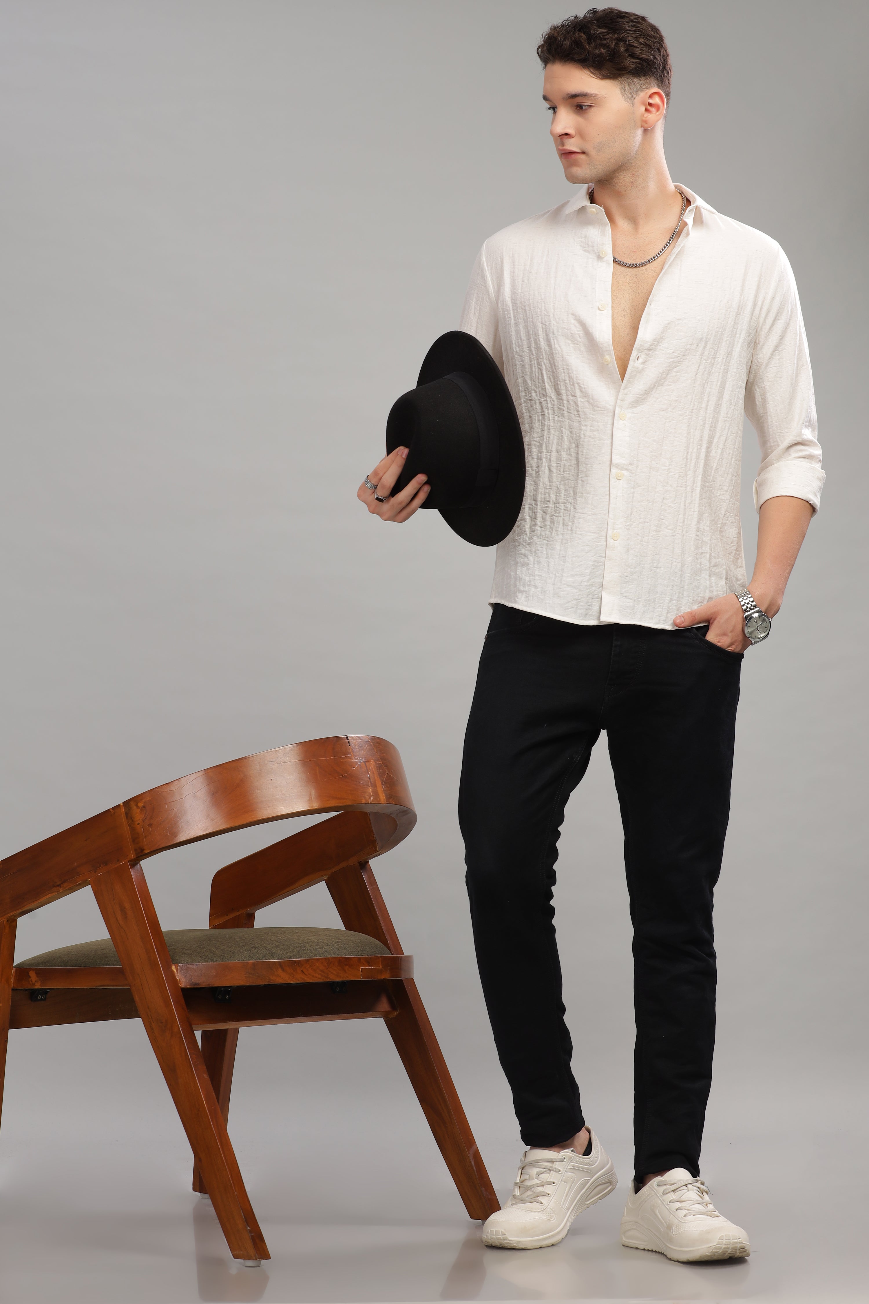 Men White Slim Fit Stand Collar Full Sleeve Casual Shirt