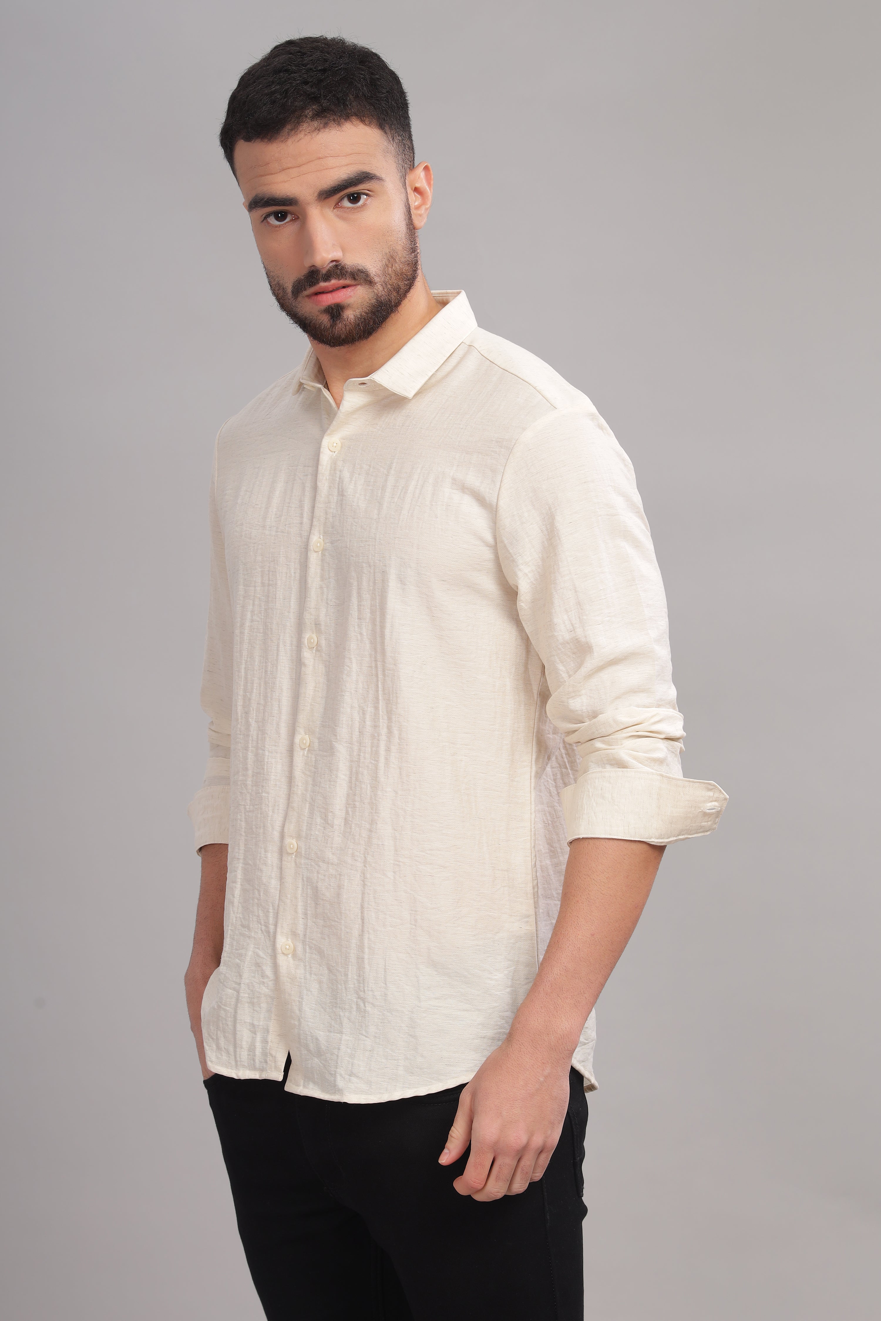 Men Cream Slim Fit Shirt