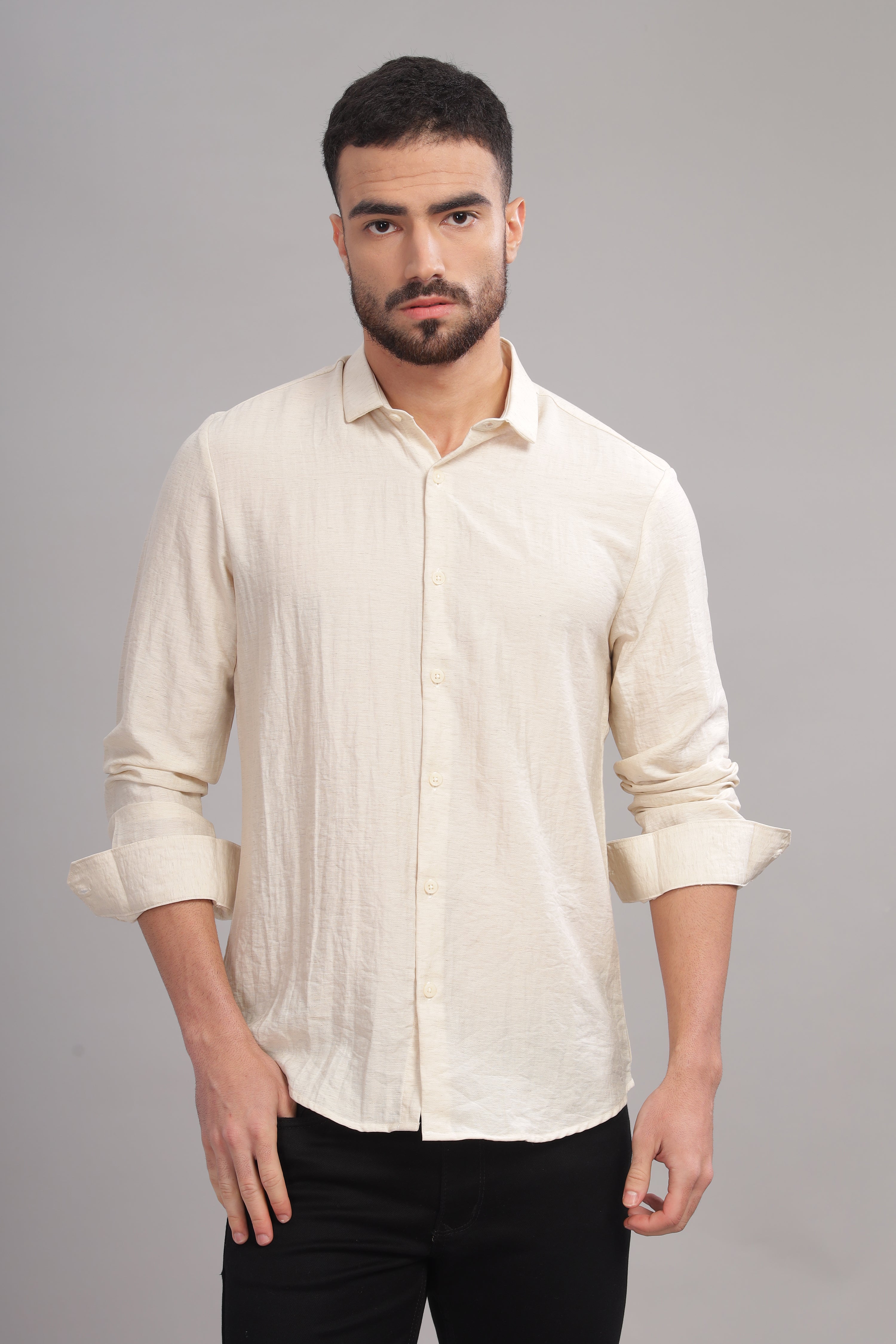Men Cream Slim Fit Shirt