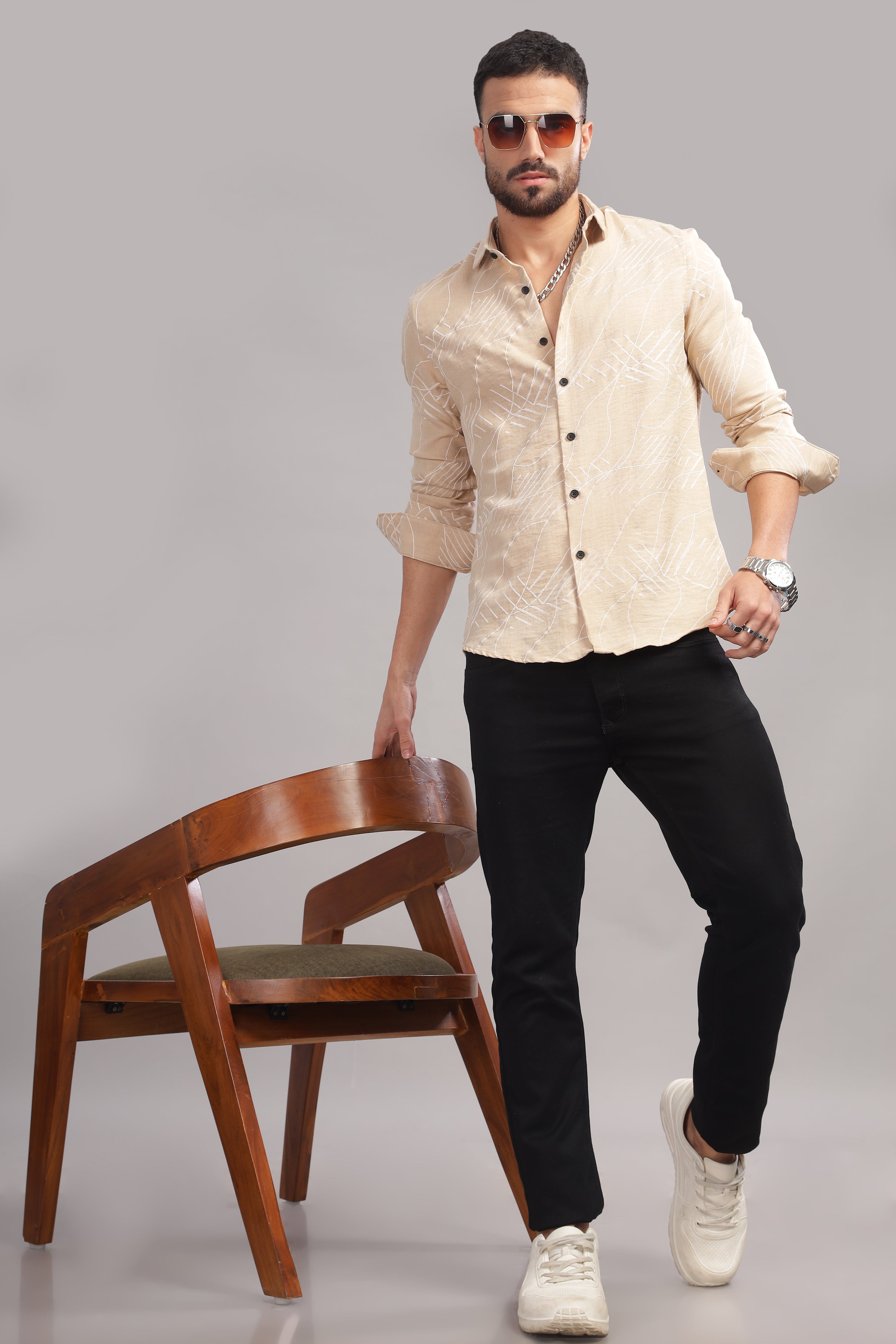 Men Cream Slim Fit Shirt