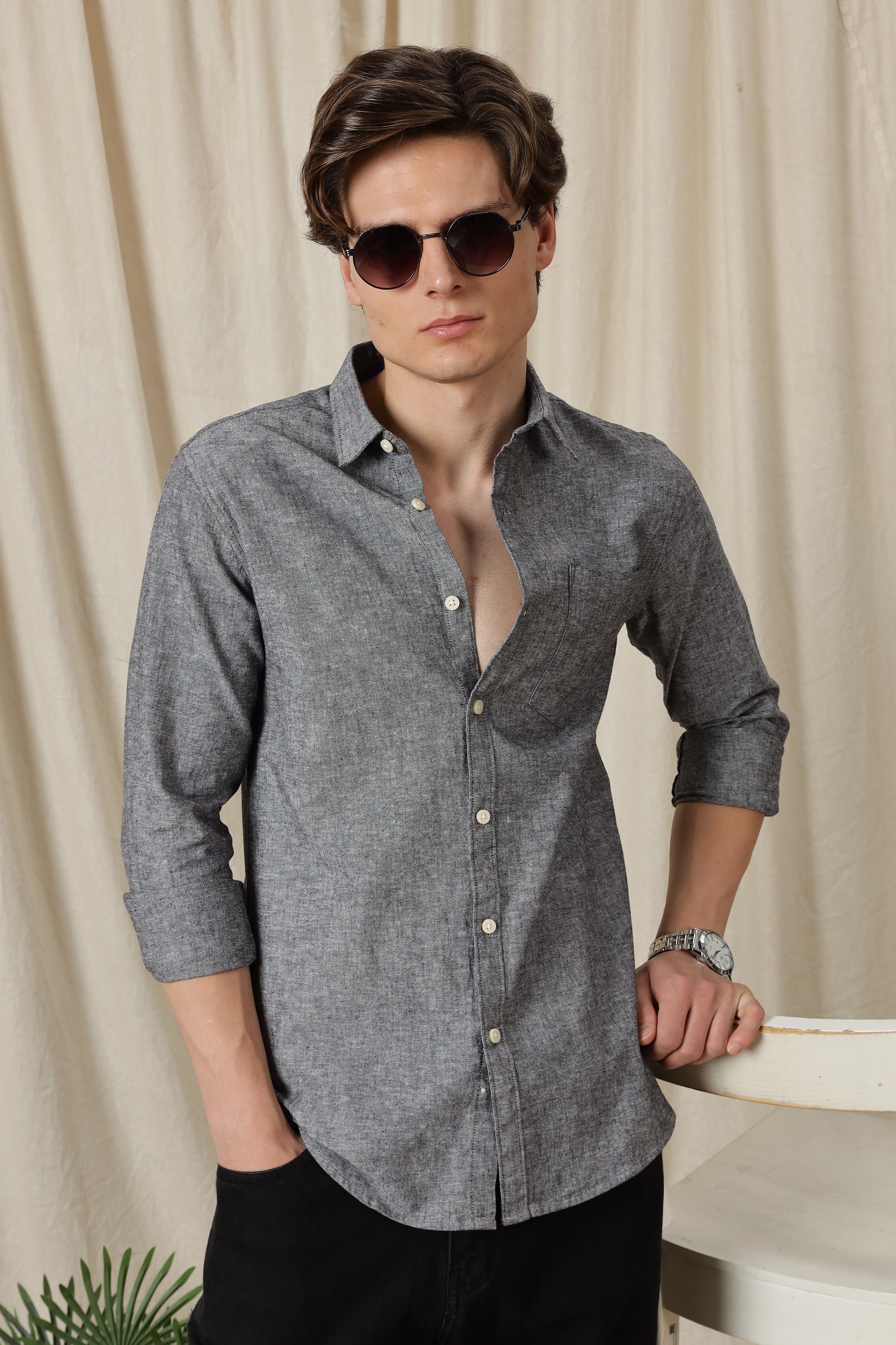 Men Linen Solid Casual Shirt
