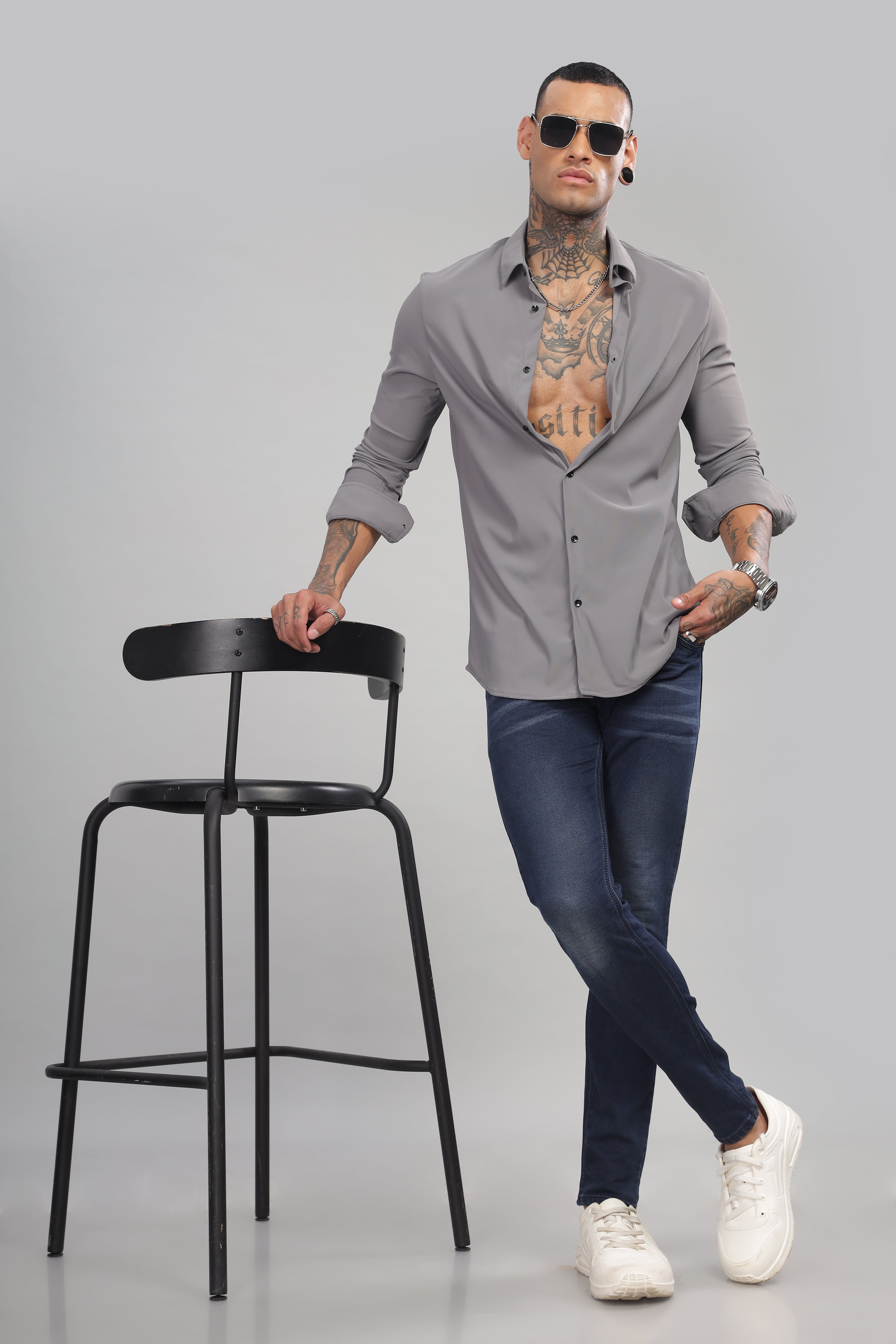 Men Grey Blue Slim Fit Shirt