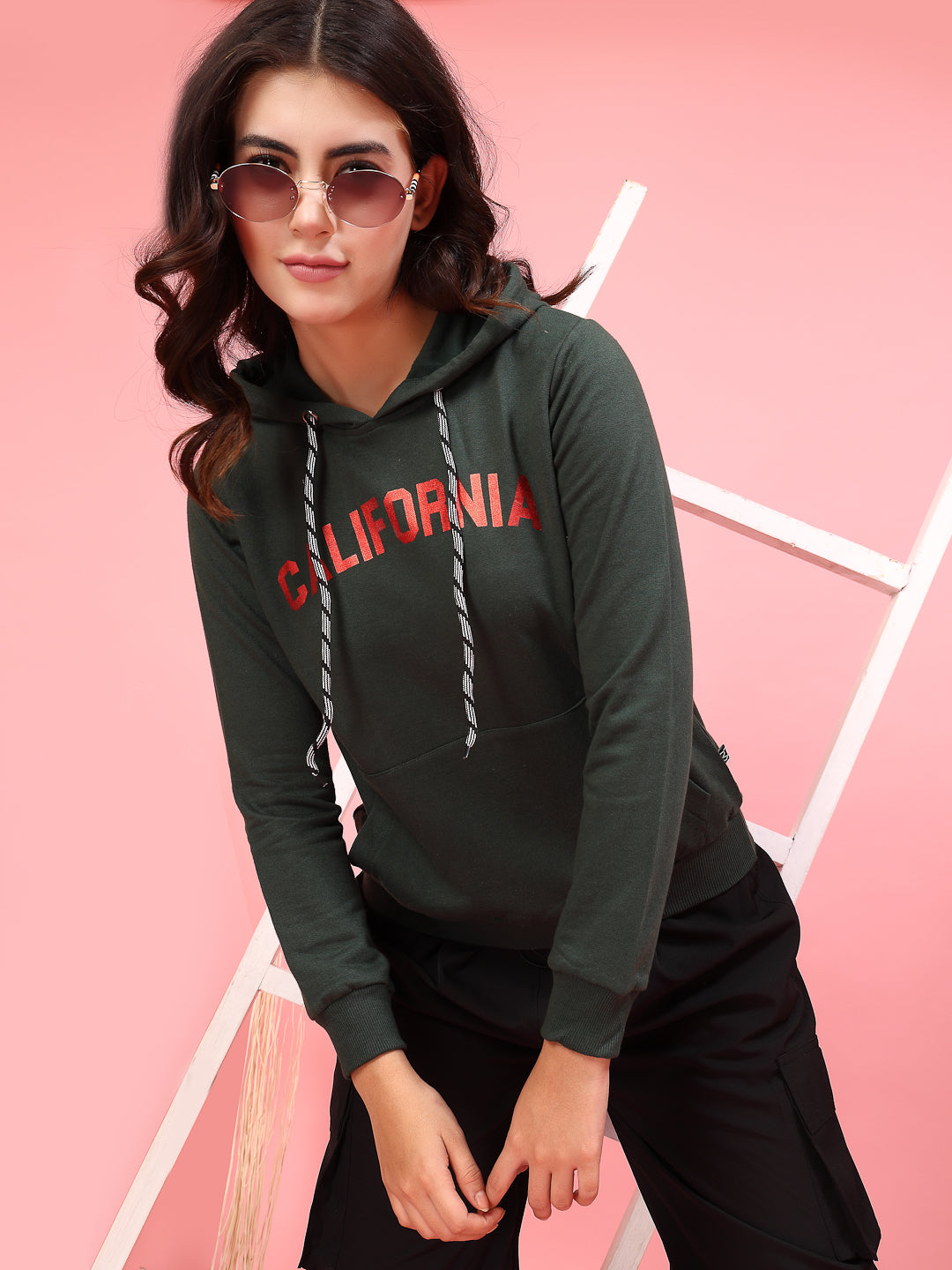 Women Green Printed Hooded Sweatshirt