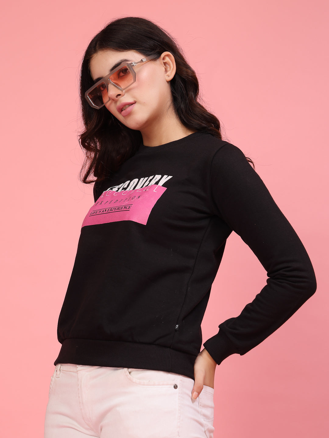 Women Black Printed Fleece Sweatshirt