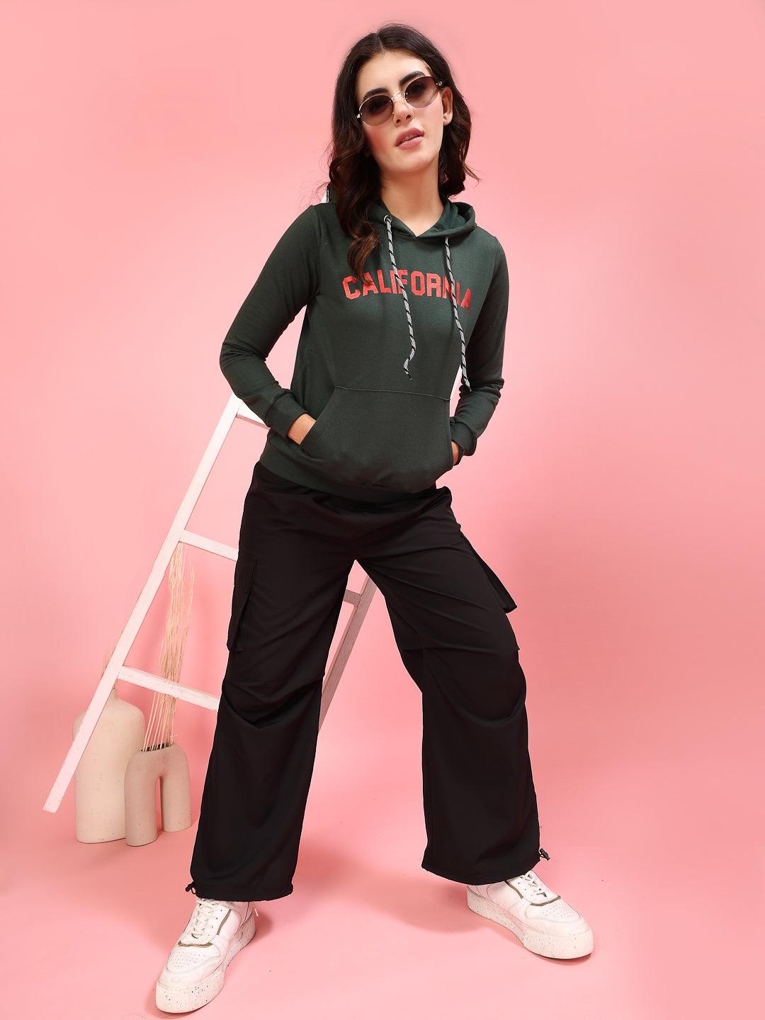 Women Green Printed Hooded Sweatshirt