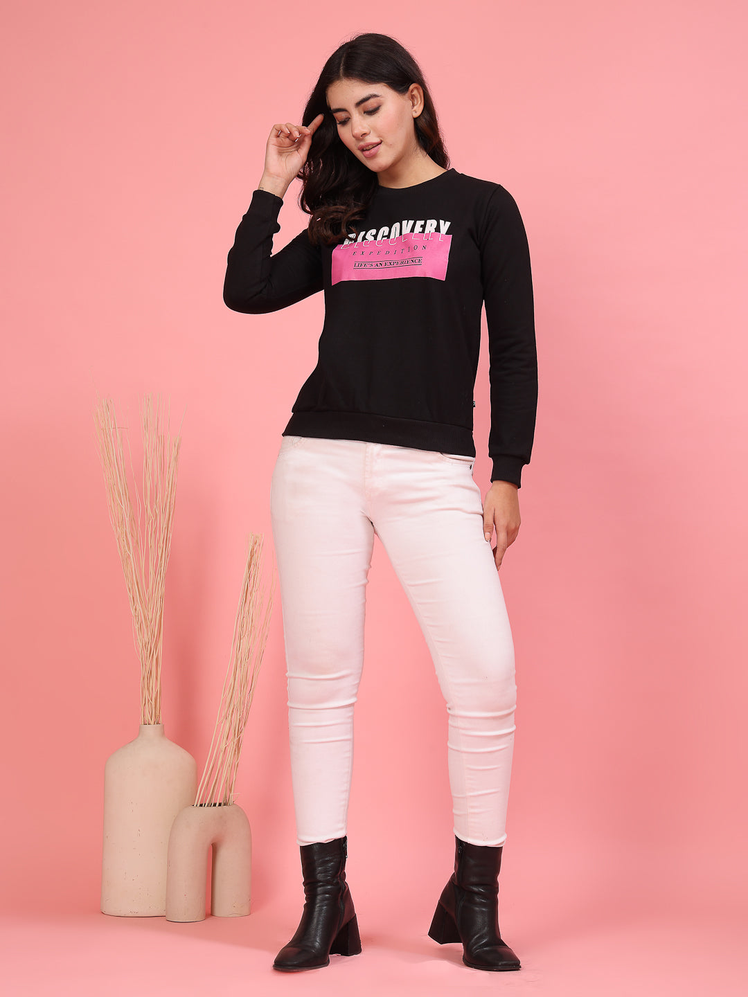 Women Black Printed Fleece Sweatshirt