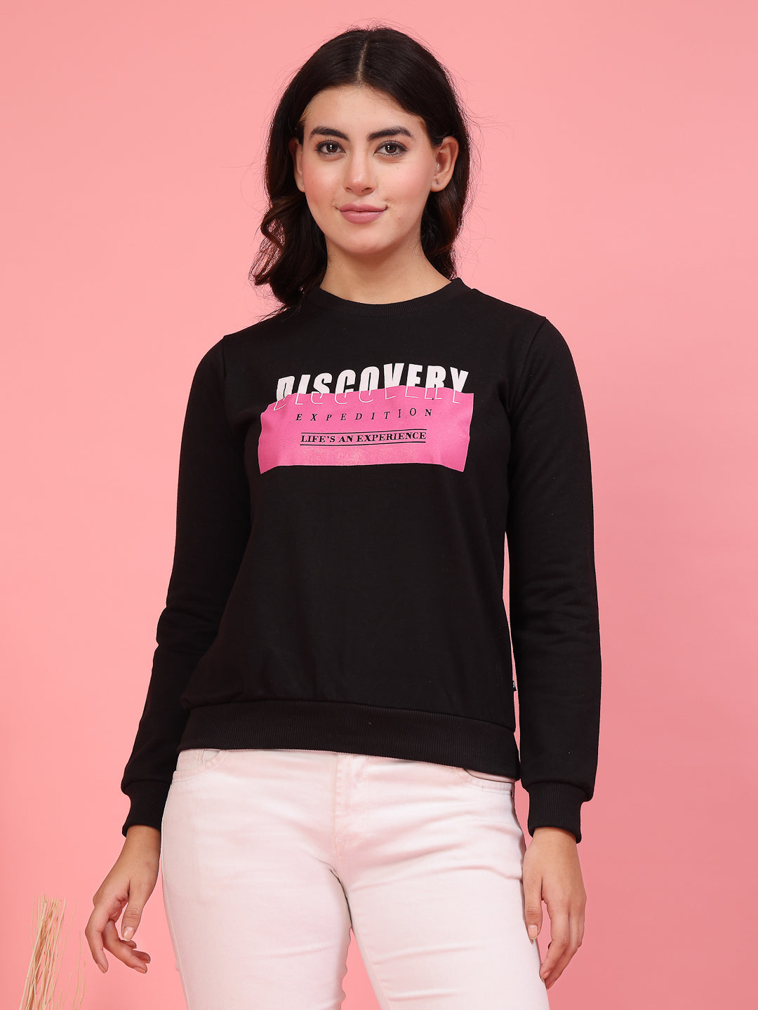 Women Black Printed Fleece Sweatshirt