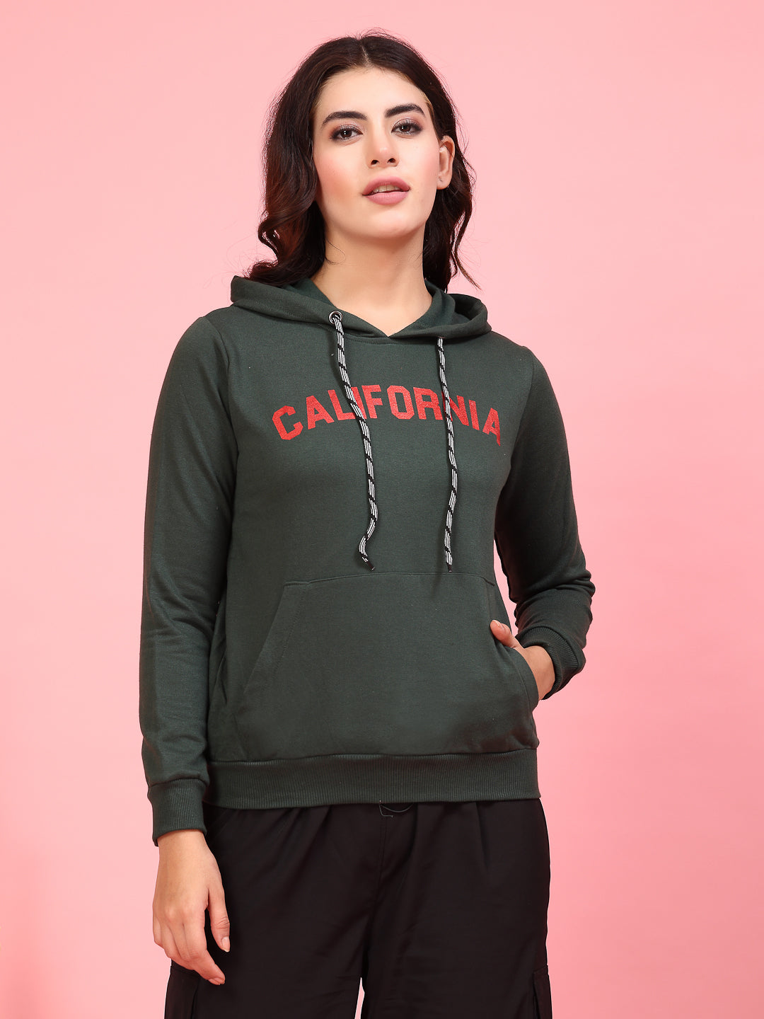 Women Green Printed Hooded Sweatshirt