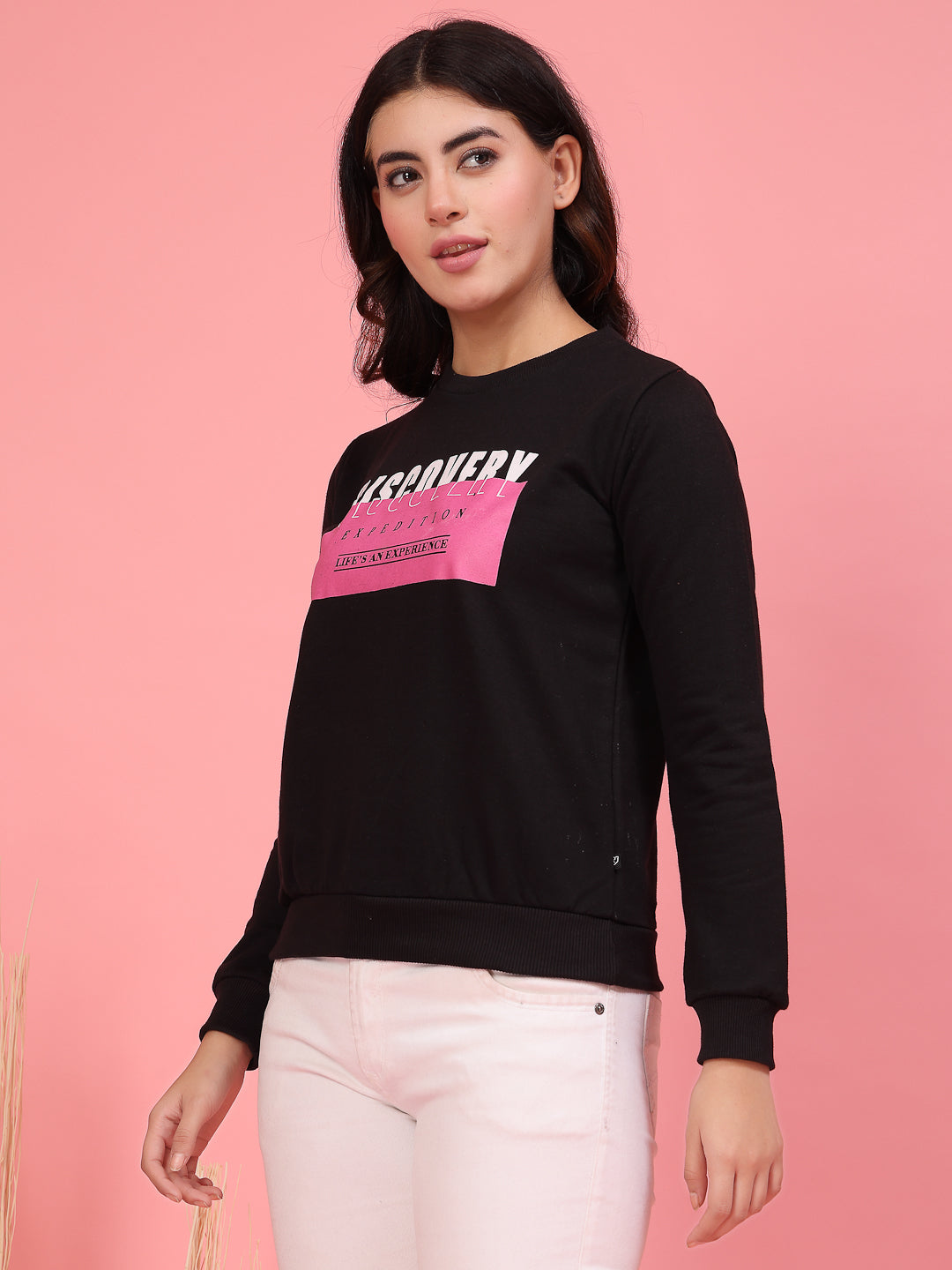Women Black Printed Fleece Sweatshirt