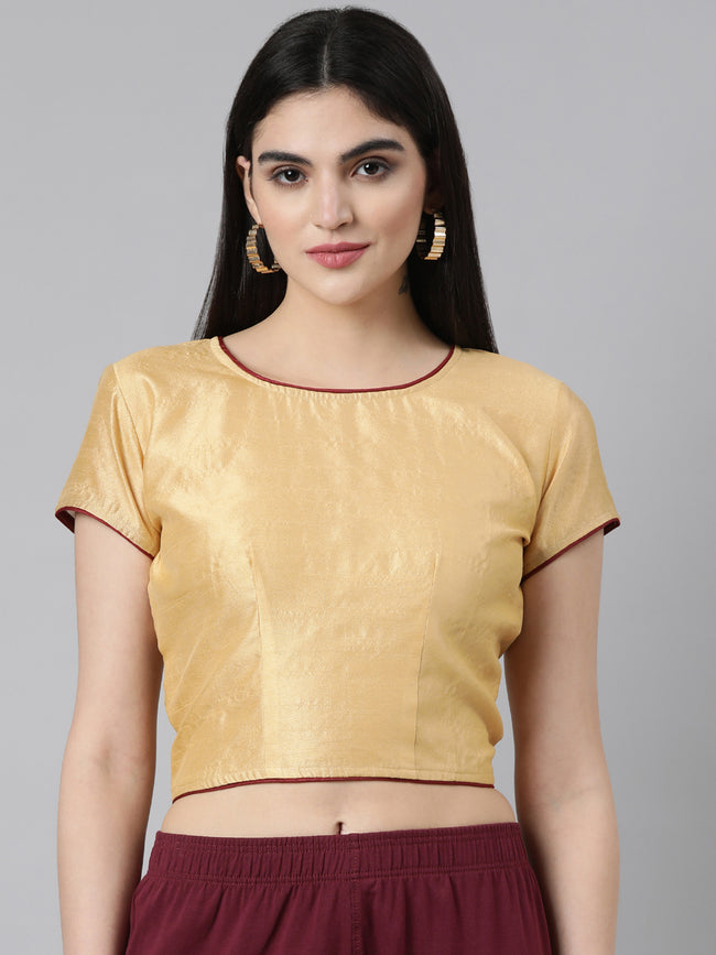 Beige Solid Short Sleeves Mandarin Collar Dupion Silk Knot Blouse