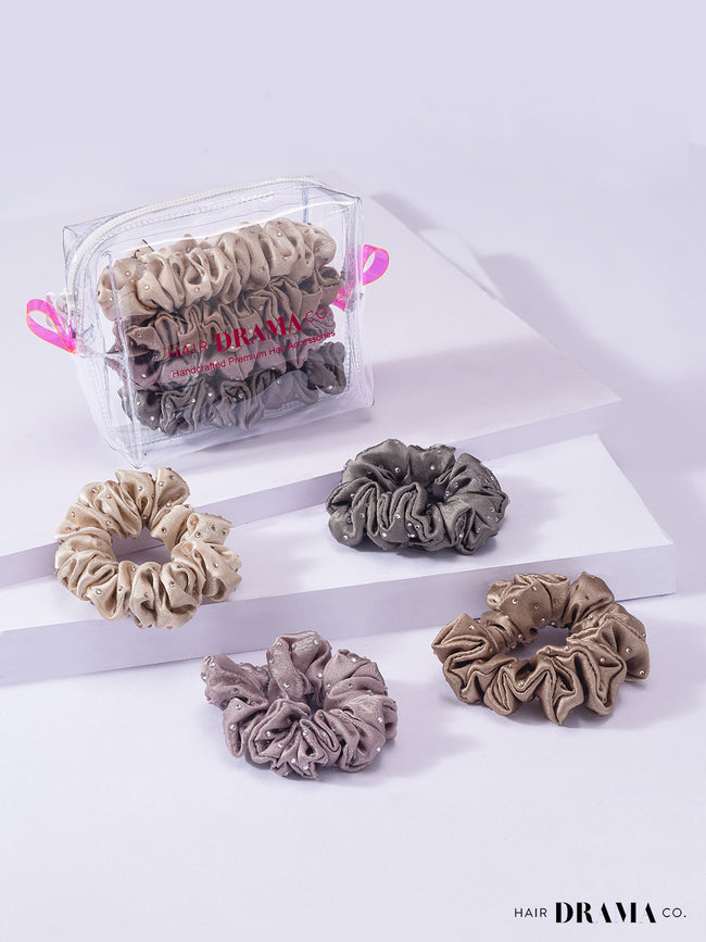 Neutral Scrunchies With Free Pouch Set Of 4