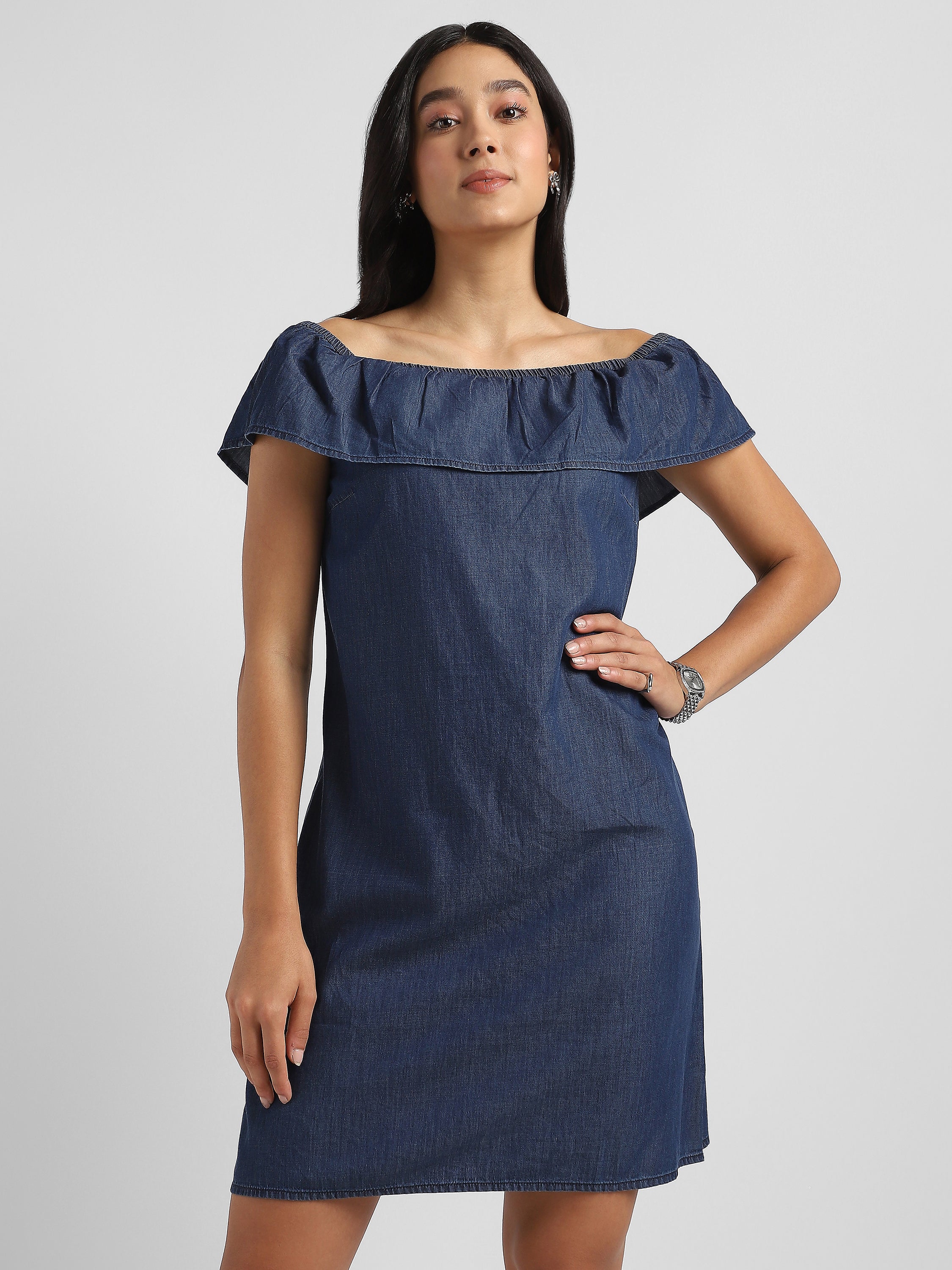 Women Blue Denim Off shoulder Dress