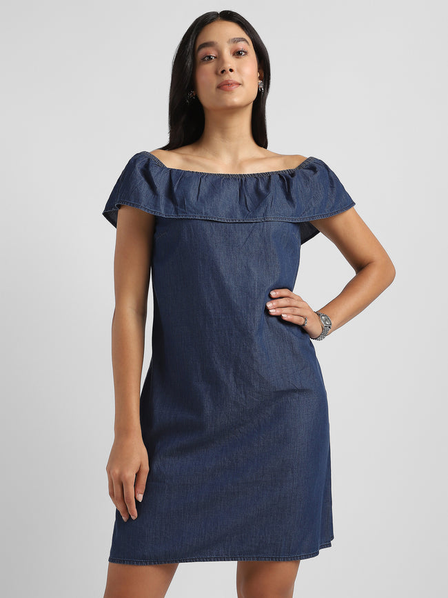Women Blue Denim Off shoulder Dress