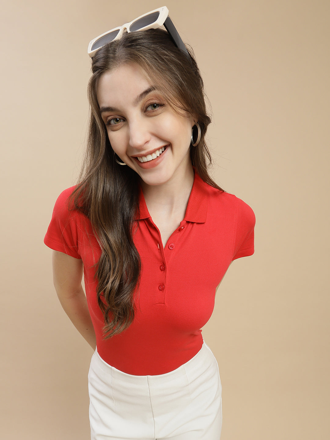 Women Red Polo Top