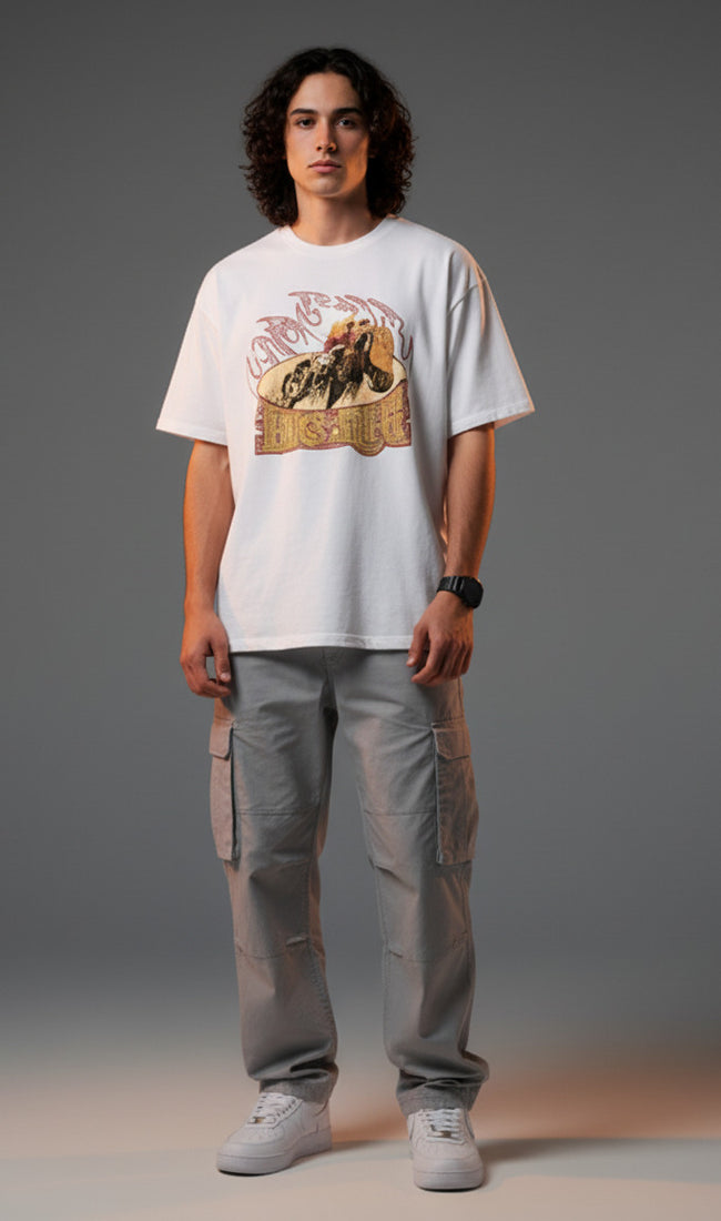Men White Graphic Cotton Oversized T-Shirt