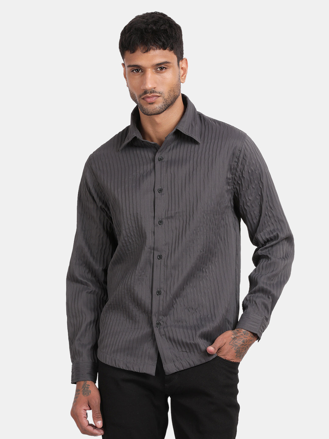 Men Dark Grey Slim Fit Spread Collar Full Sleeve Casual Shirt
