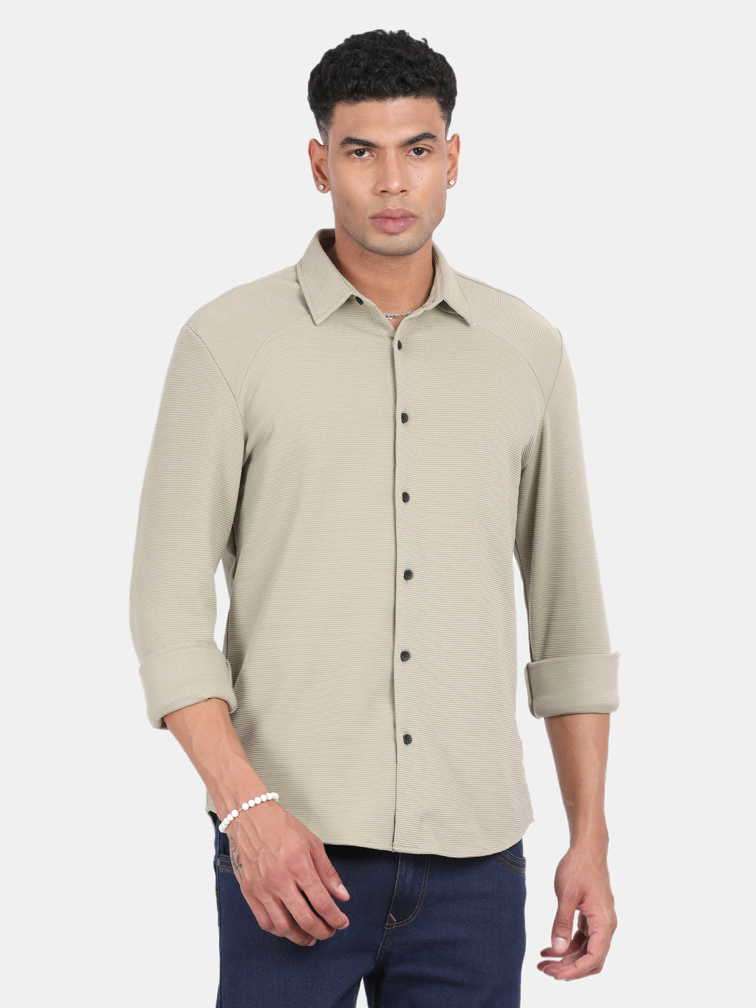 Men Light Cream Slim Fit Spread Collar Full Sleeve Casual Shirt