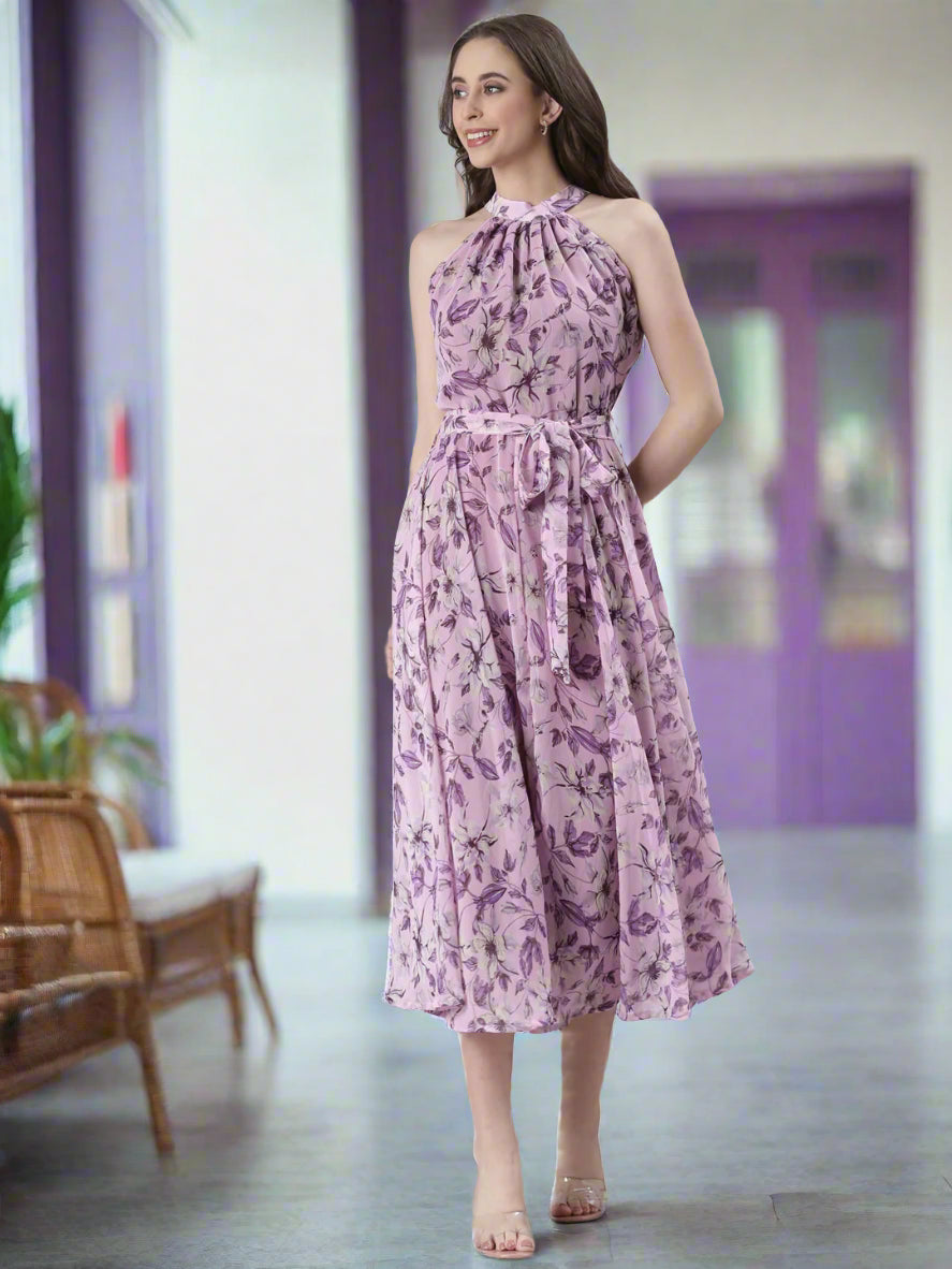 Women Lavender Floral Chiffon Dress