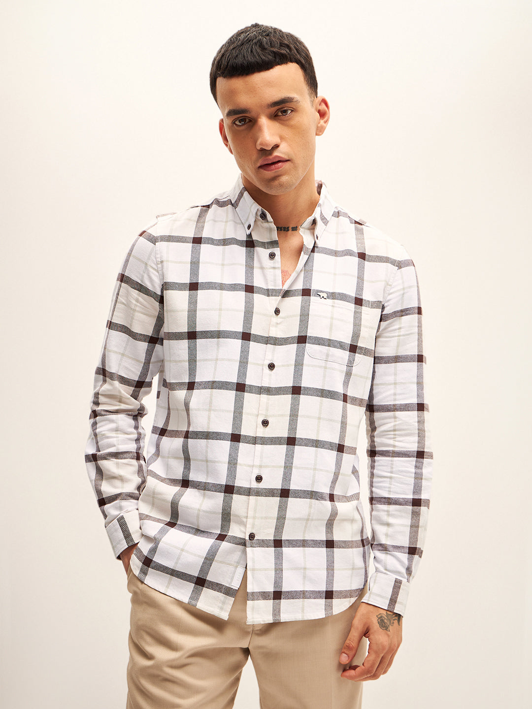 Men Beige Checked Slim Fit Casual Shirt
