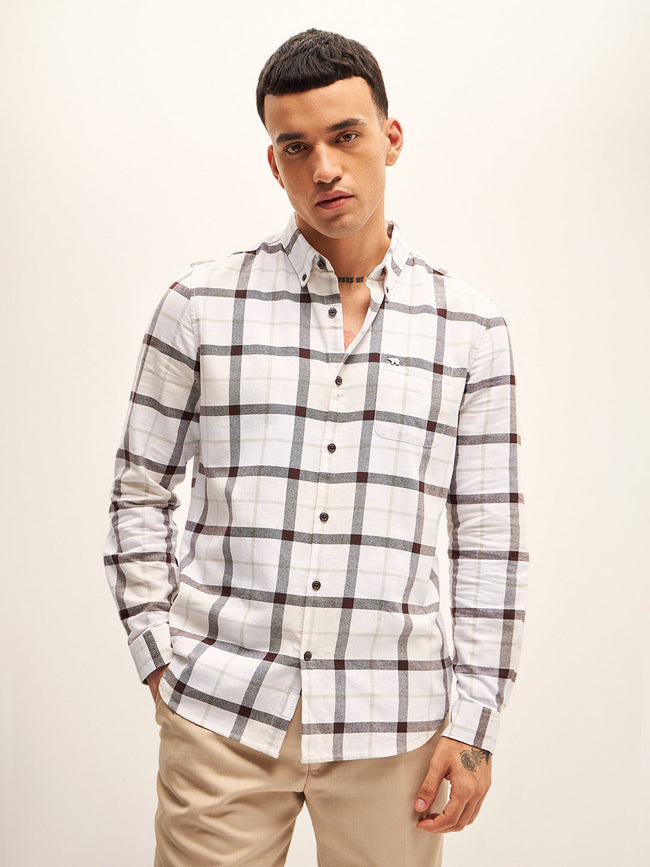 Men Beige Checked Slim Fit Casual Shirt