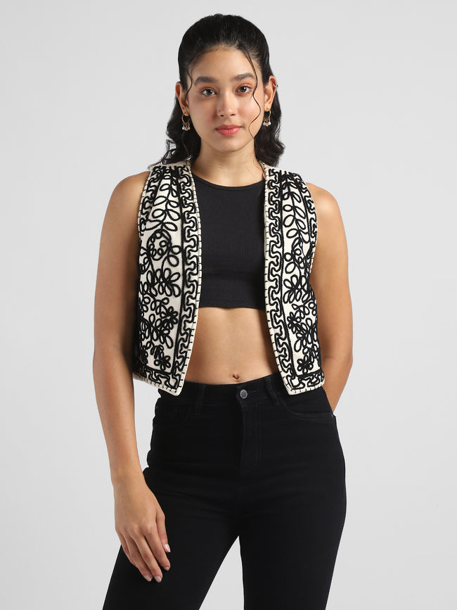 Women White Embroidered Vest Jacket