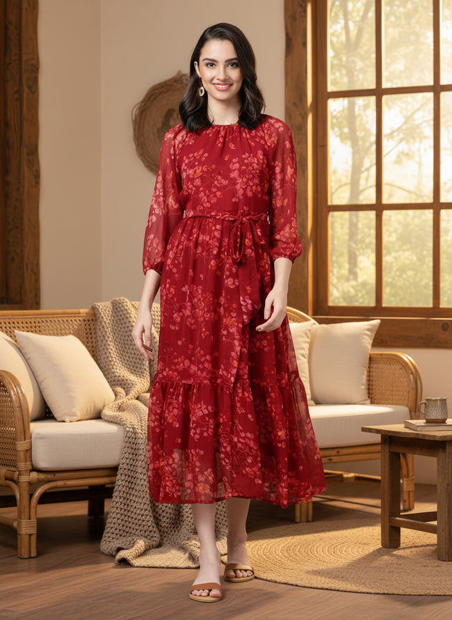 Women Bloom Maroon Chiffon Dress