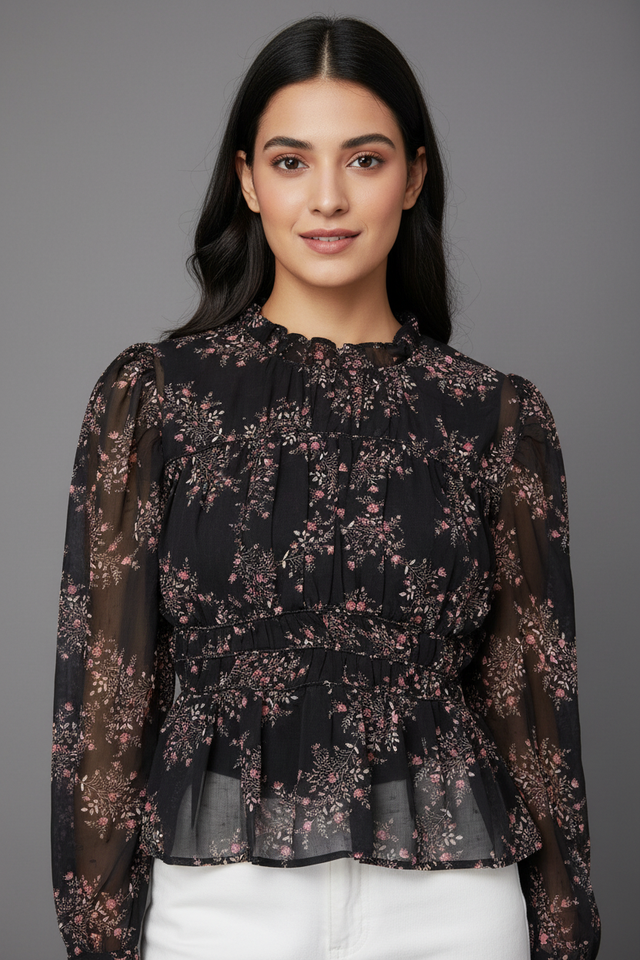 Women Polyester Black Floral Sheer Peplum Top
