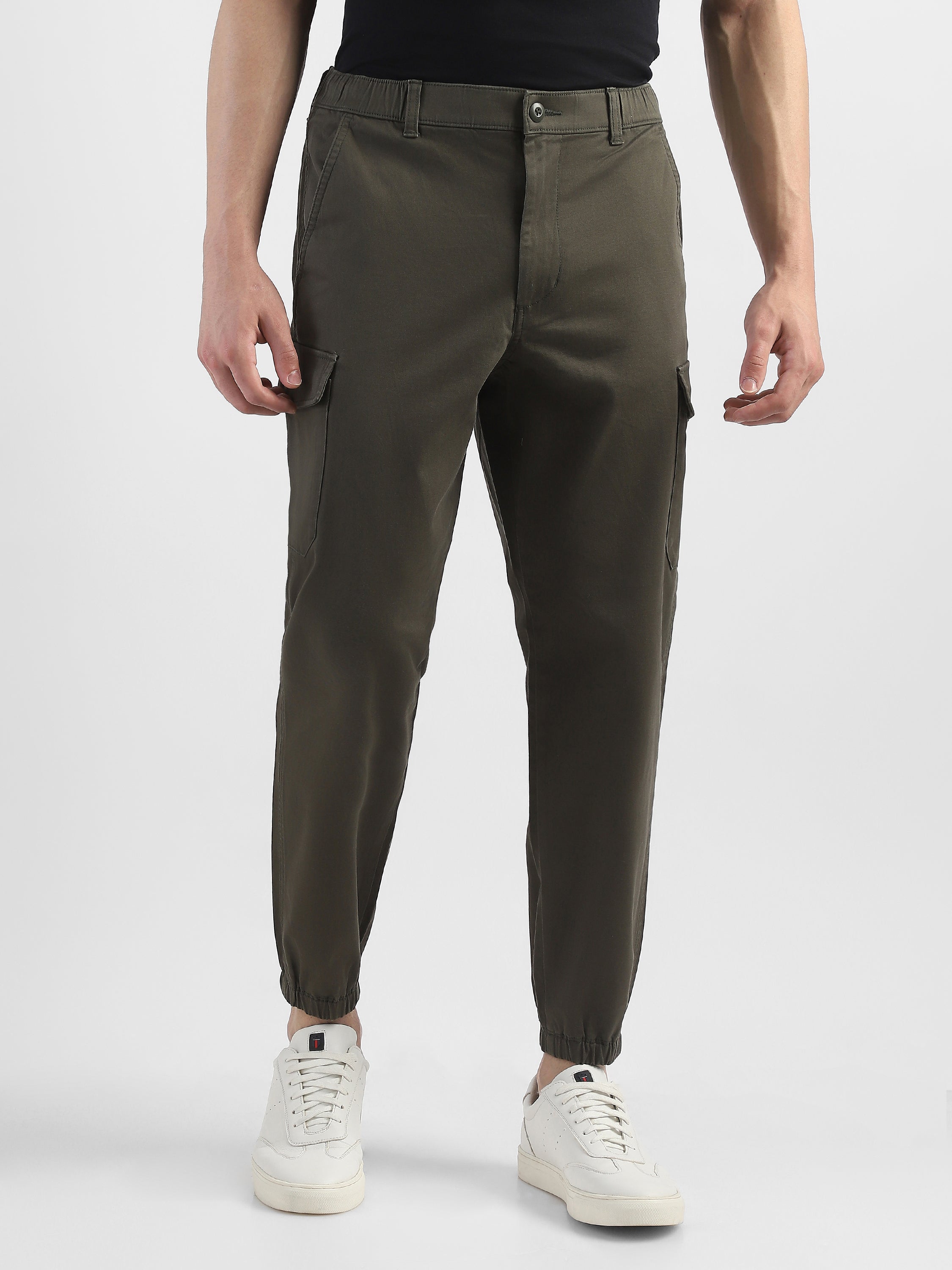 Men Cotton Blend Olive Cargo Pants with 6 Pockets